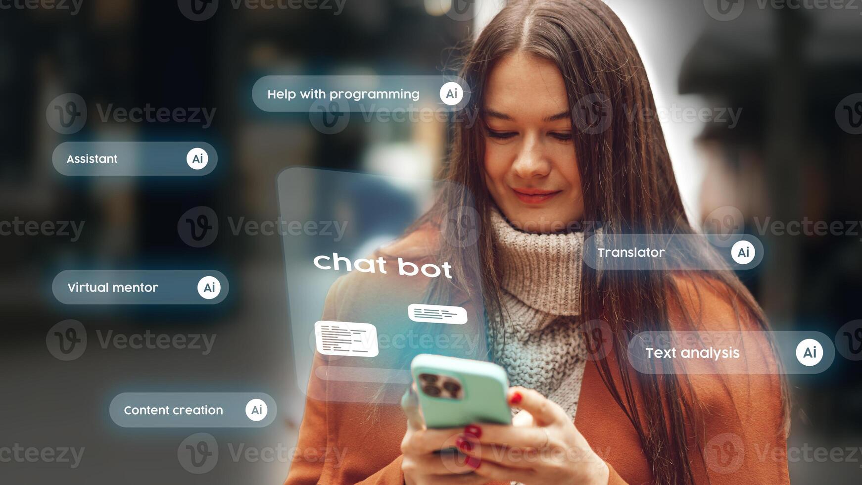 Young woman using smartphone to interact with AI chatbot for virtual assistance in programming, translation, and content creation photo