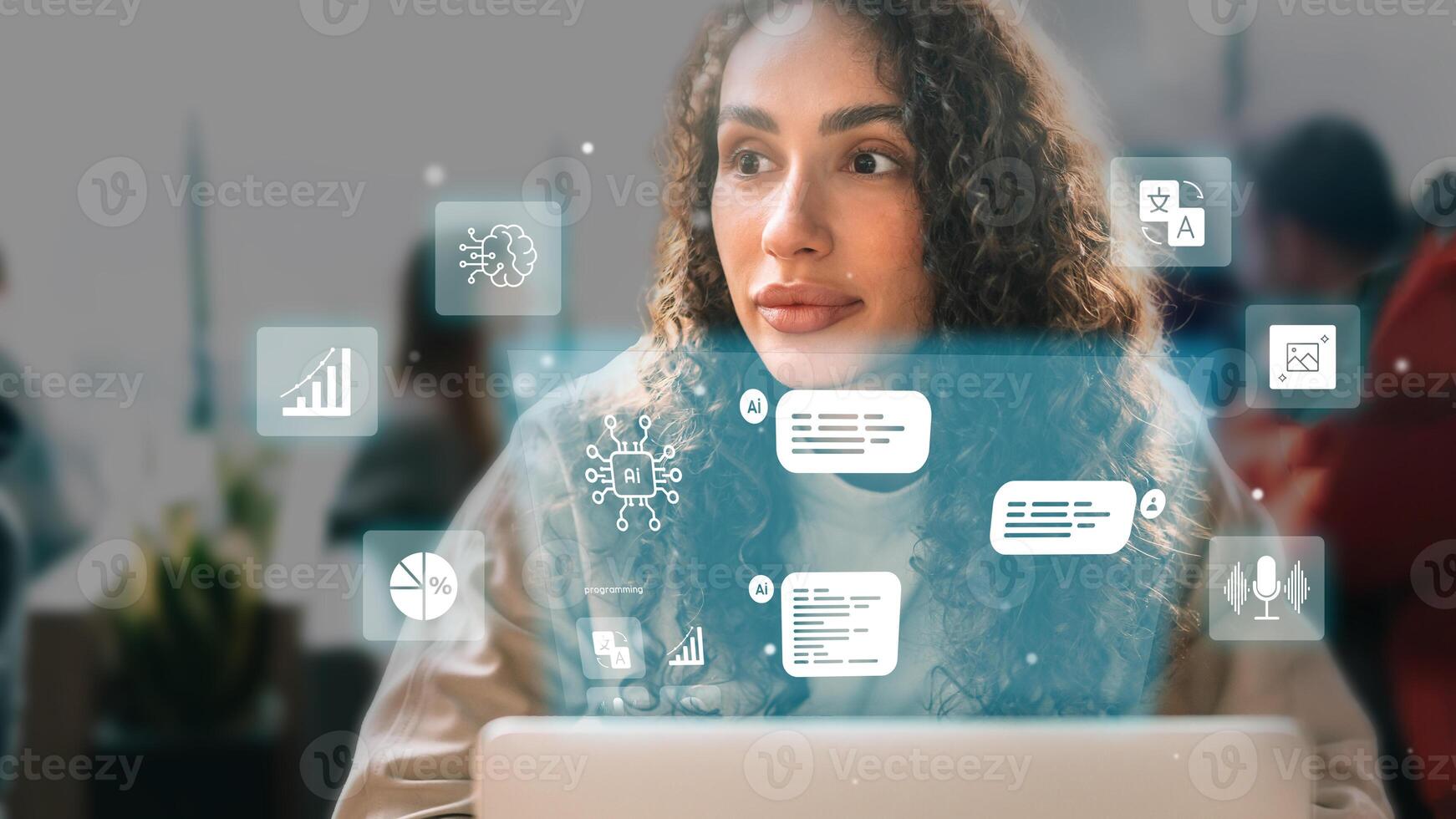 Engaged woman interacts with digital projections in a modern workspace setting during daytime photo