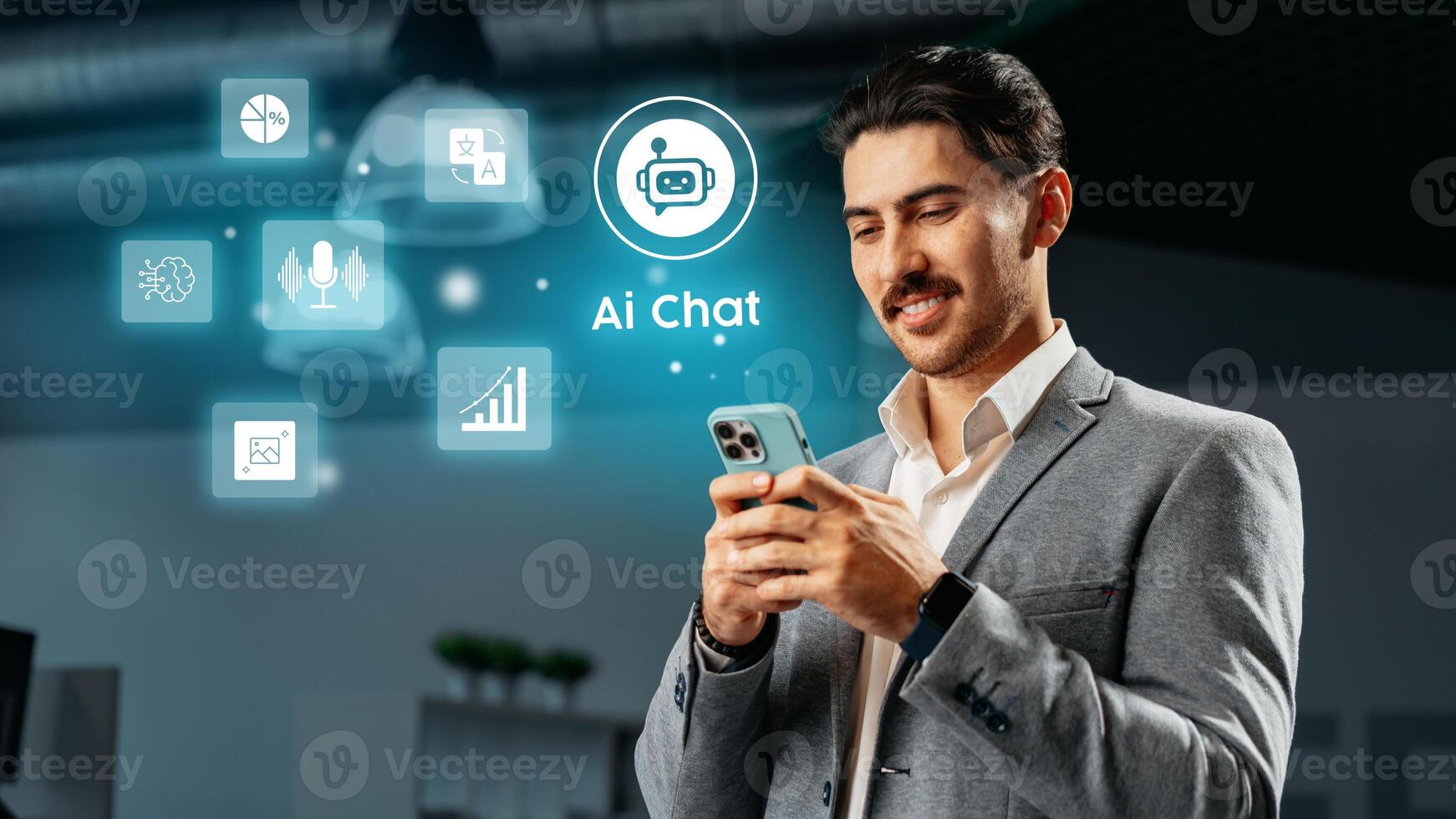 Professional man engaging with AI chat technology in a modern office environment during the day photo