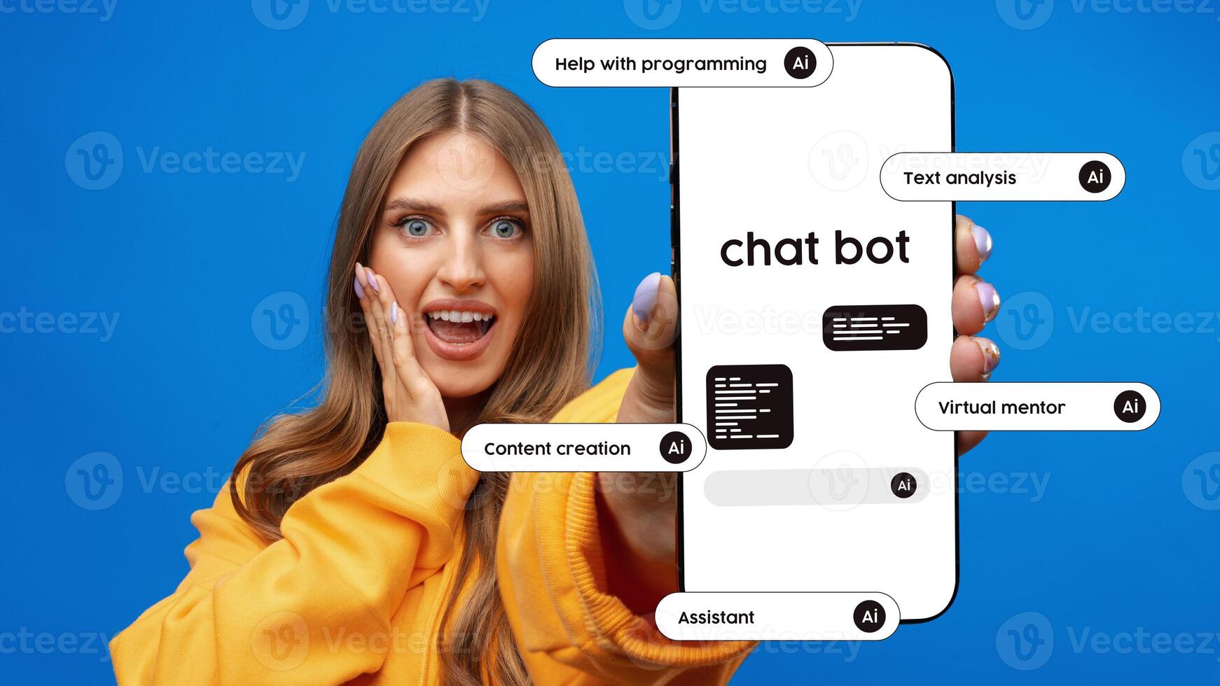 Excited user showcasing chatbot capabilities with smartphone against bright blue background photo