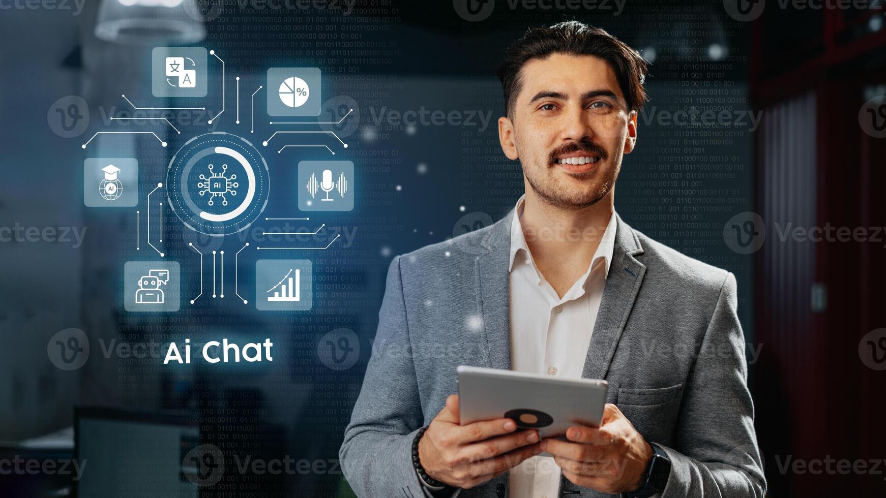 Professional man engages with technology in a modern office environment showcasing AI chat features photo