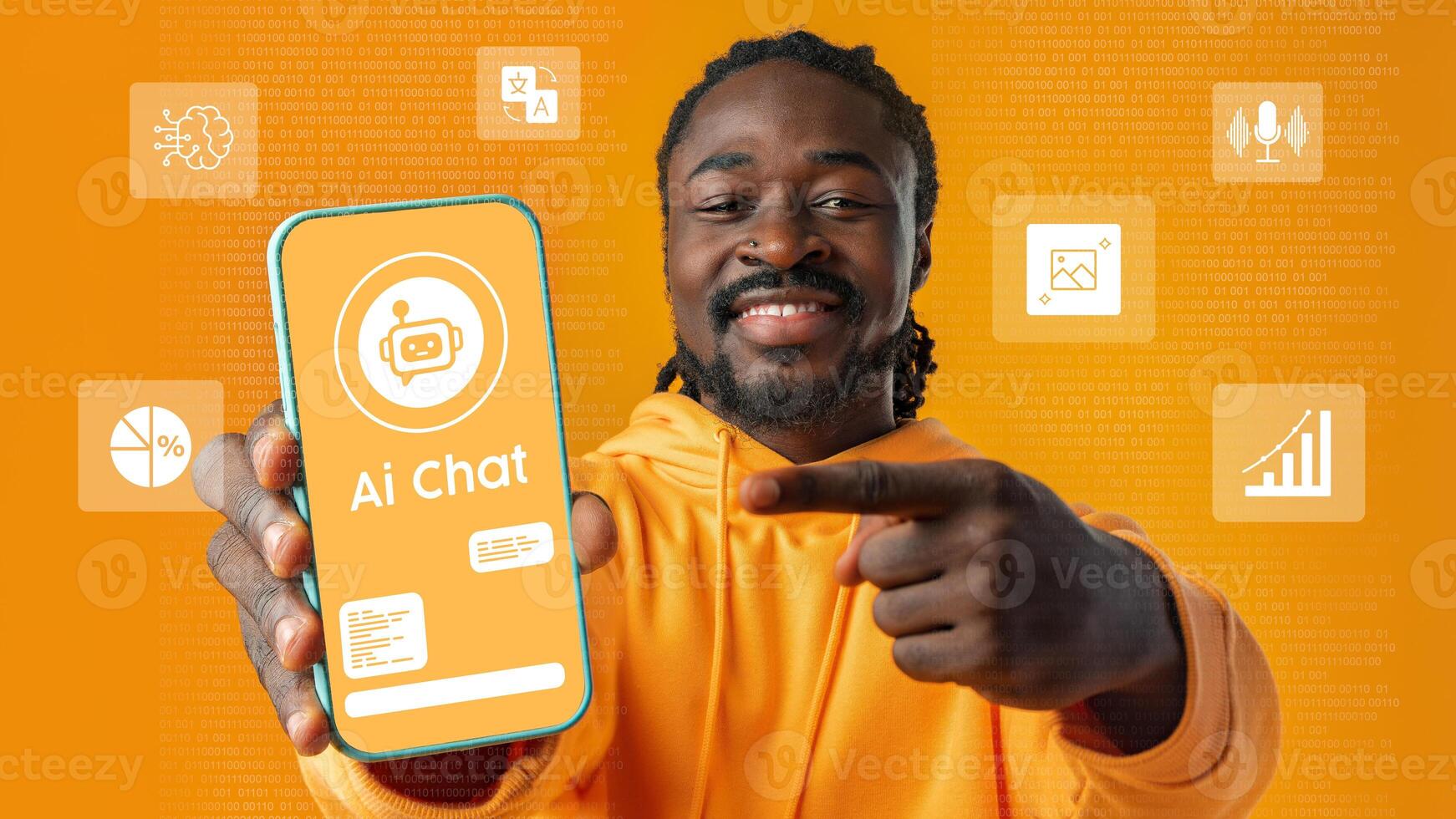 Young man showcasing AI chat application on smartphone with vibrant orange background in a tech-focused environment photo