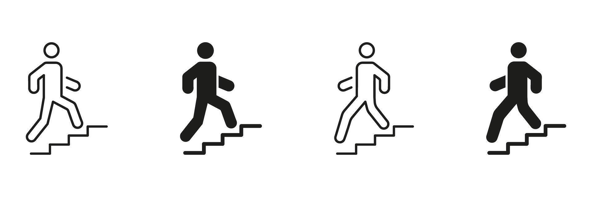 Person Climbing and Descending Stairs Line And Solid Icon Set. Progress, Achievement, And Goal Setting Outline And Silhouette Symbol Collection. Motivation And Success. Isolated Illustration vector