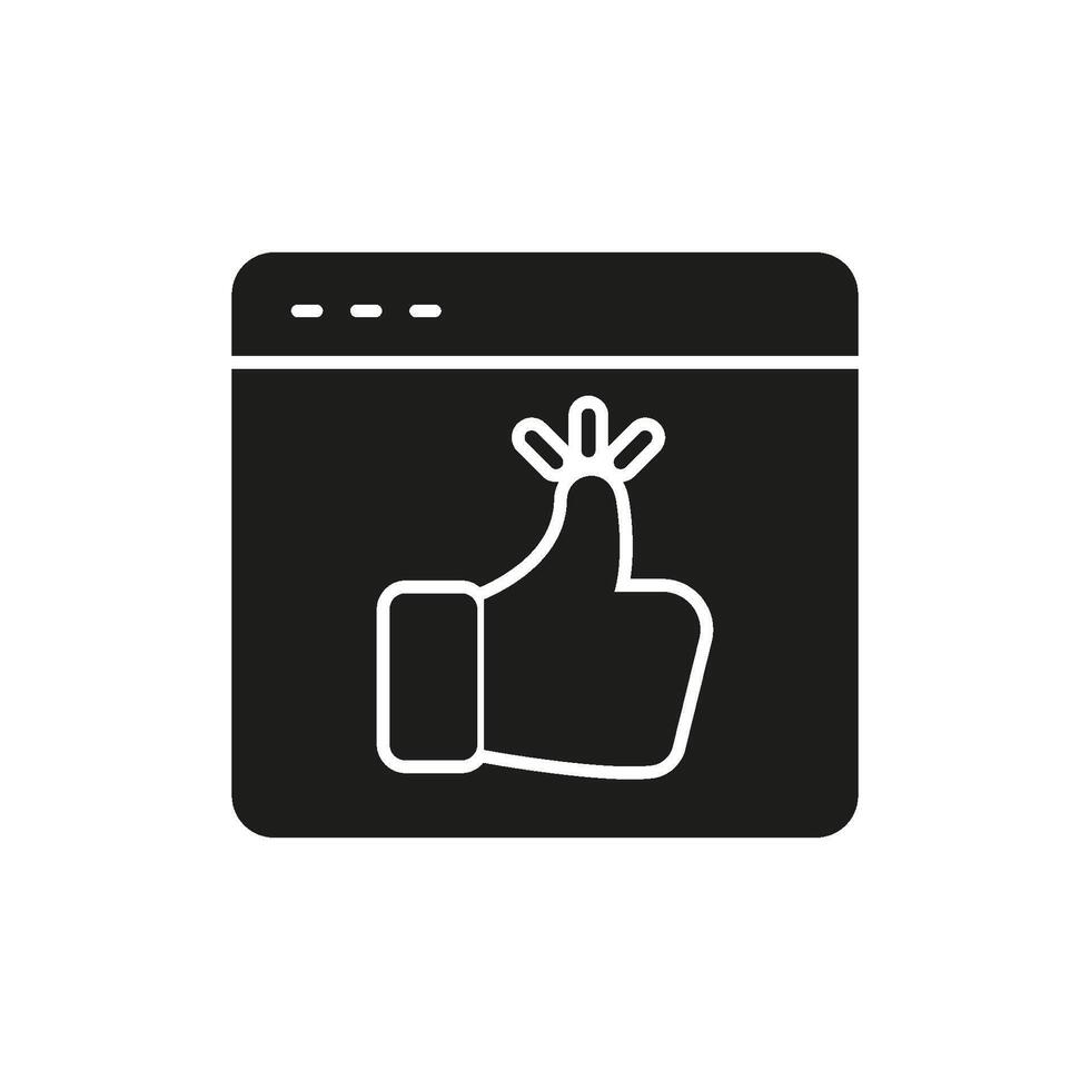 Browser With Thumbs Up Solid Icon. Online Approval, Positive Feedback, And User Engagement Silhouette Symbol. Social Media Interaction Concept. Isolated Illustration vector
