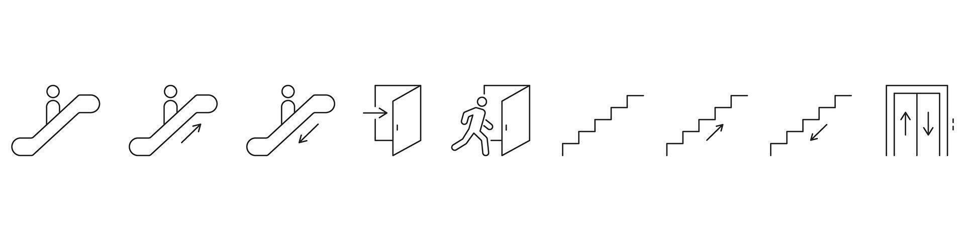 Escalator, Door, Stairs and Elevator Line Icon Set. Public Transportation And Building Navigation Outline Symbol Collection. Directional Movement. Editable Stroke. Isolated Illustration vector