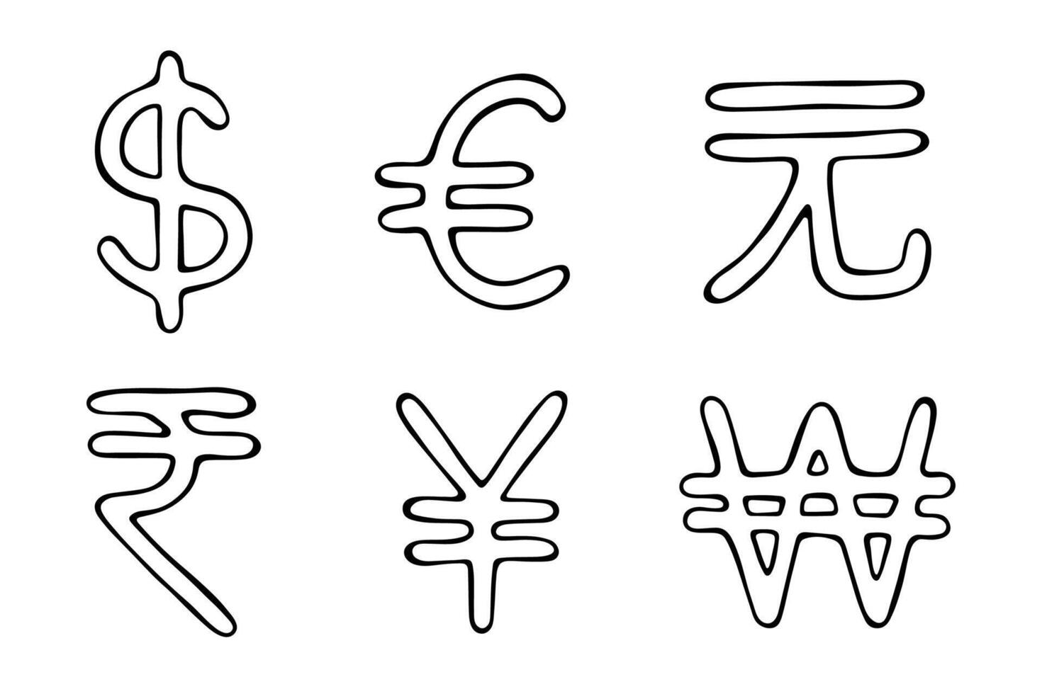Hand drawn multiple currencies symbol set Dollar euro yuan yen won rupee twenty-one vector