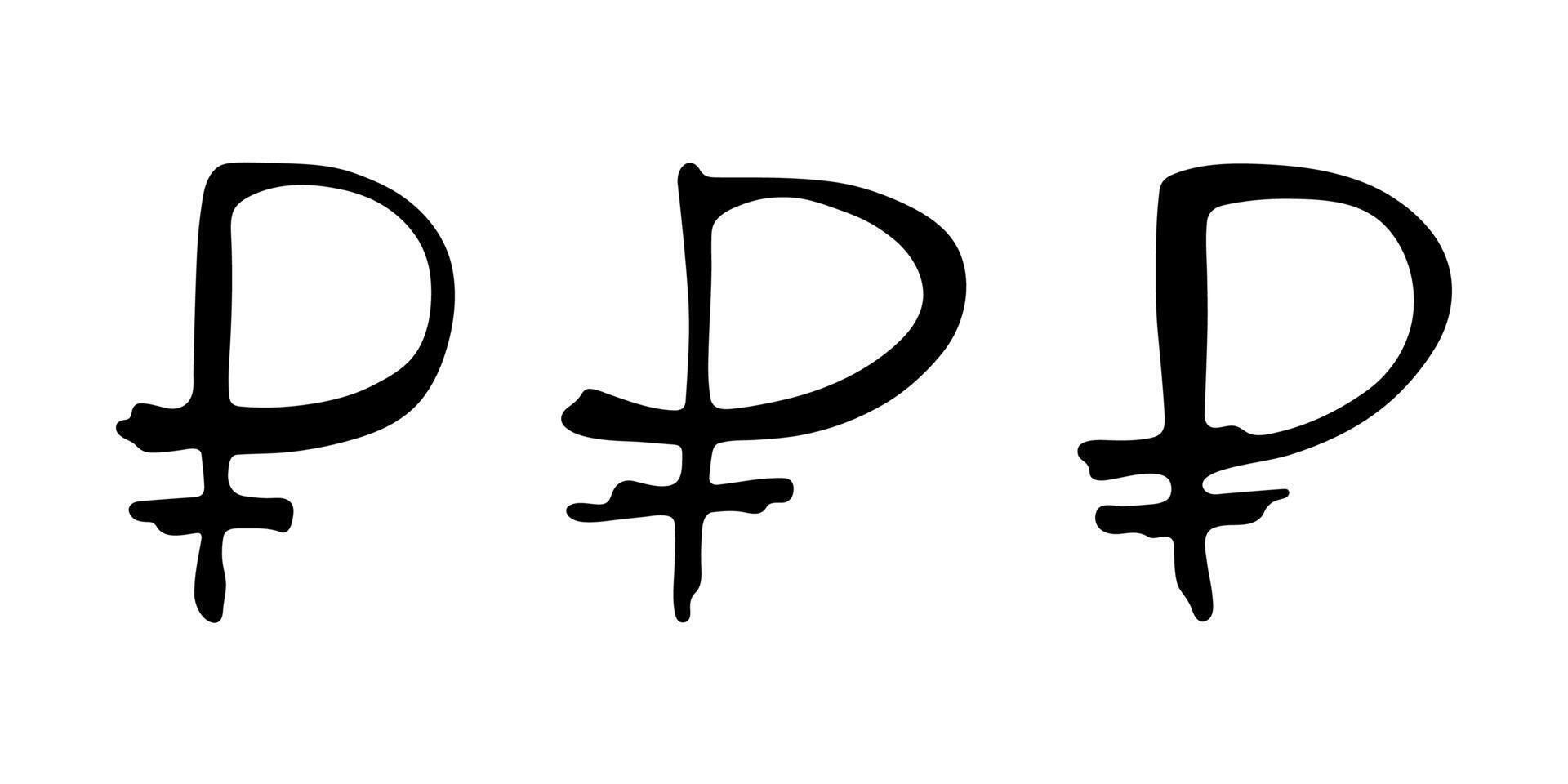 Hand drawn russian ruble currency symbol set Brush stroke doodle Single element for design twenty-one vector
