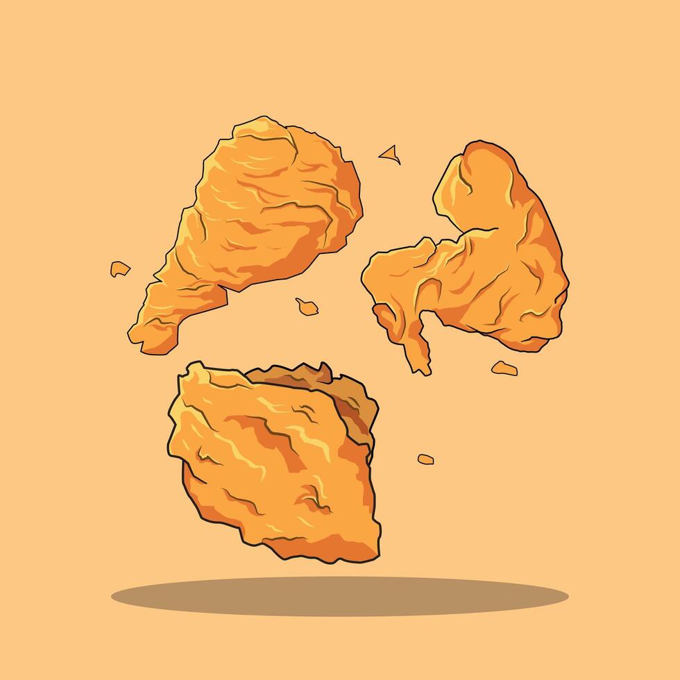 Flying crispy fried chicken pieces vector