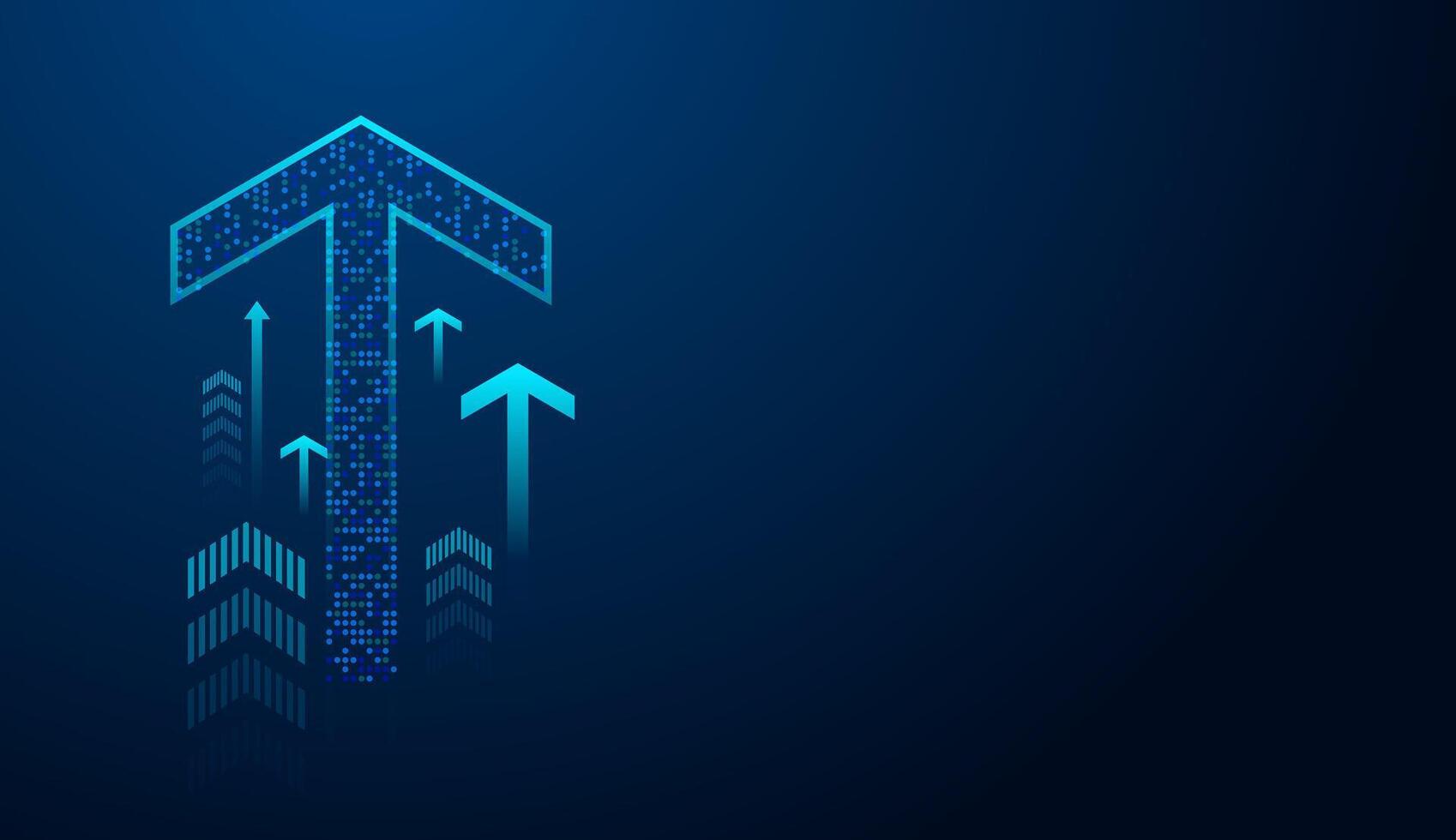 A digital blue arrow, composed of hexagonal pixels, points upward symbolizing growth, progress, and forward movement in technology or finance. in Forex trading concept illustration vector