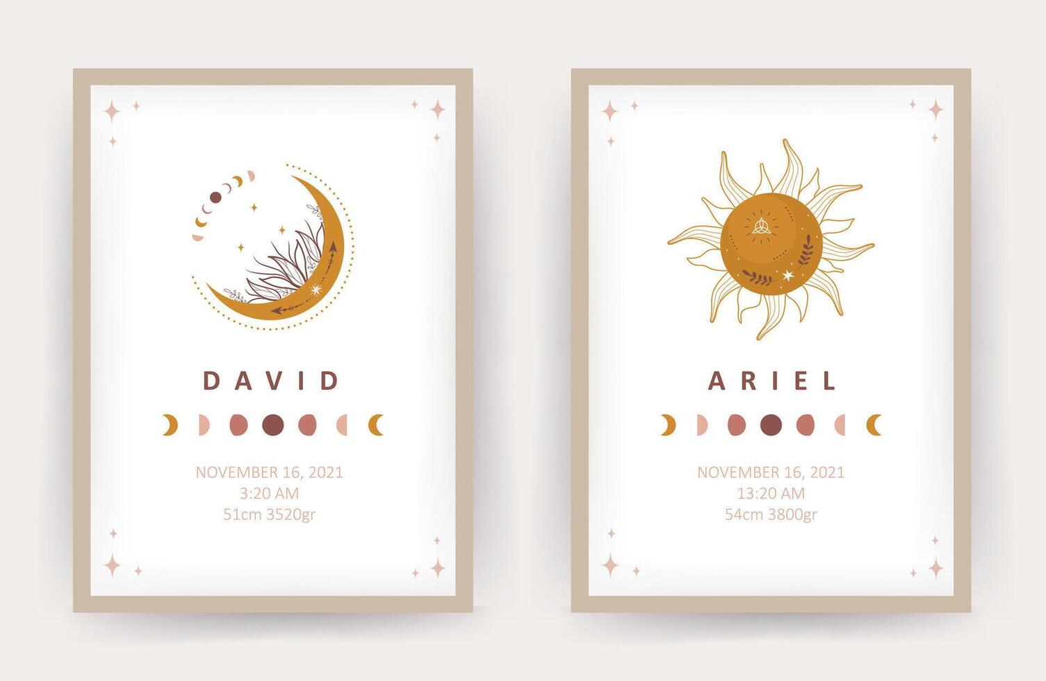 Boho moon and sun. Posters with kid name. Scandinavian design for children room wall decor. Cute pastel illustration in cartoon style vector
