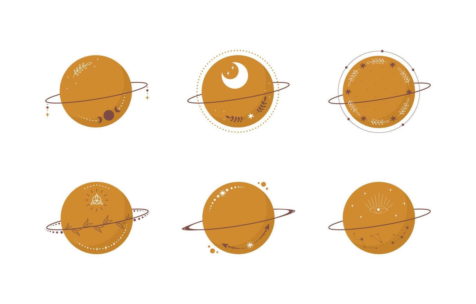 Set of abstract aesthetic boho planets. Scandinavian design for wallpaper and home decor. Contemporary geometric element. Modern illustration in flat style vector