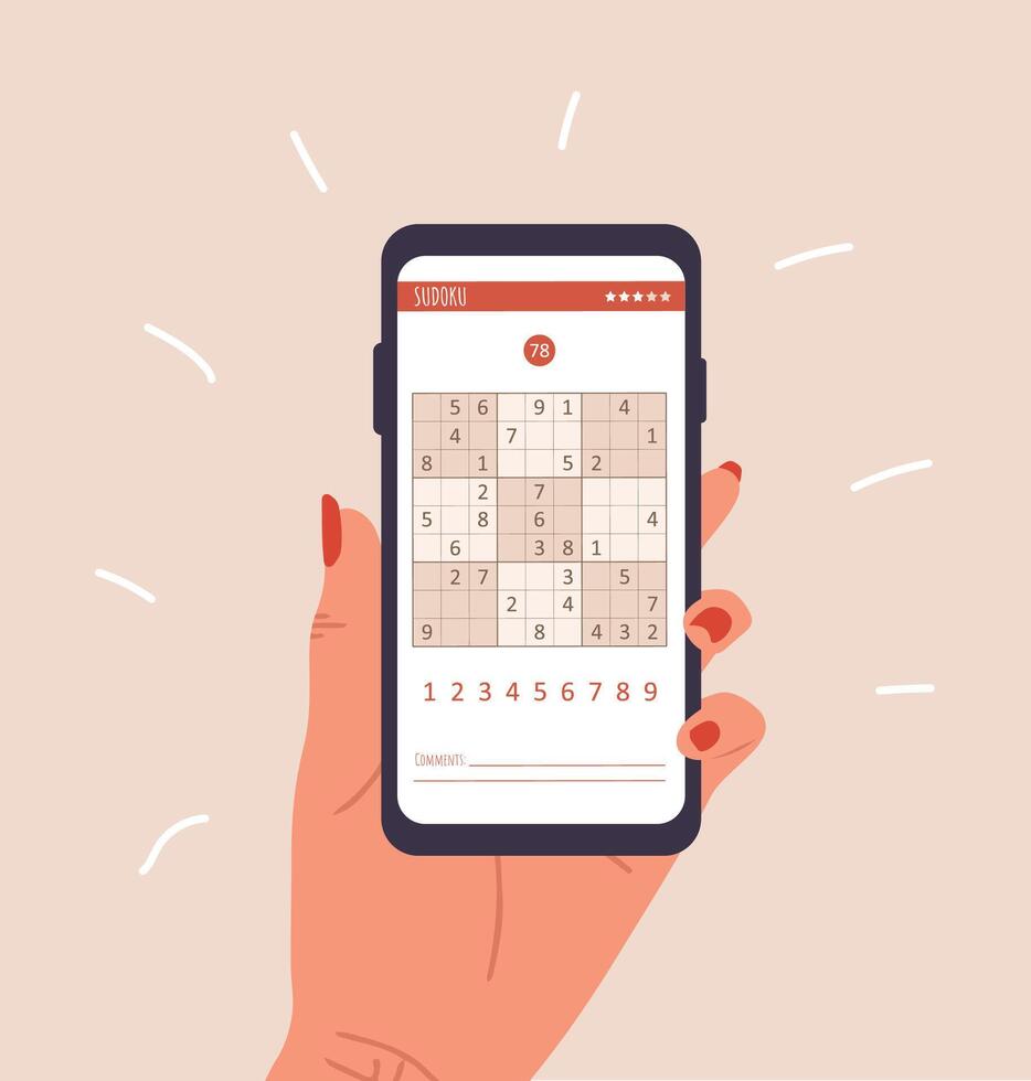 Sudoku game. Woman holding smartphone with crossword puzzle. Learning and leisure concept. Task for development of logical thinking and training brain. illustration in flat cartoon style vector