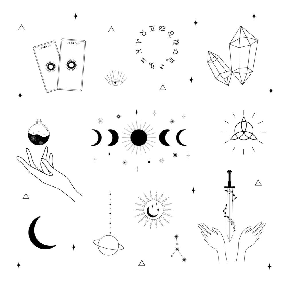 witch magic design elements. Hand drawn, doodle, sketch magician collection. Witchcraft symbols. Perfect for logo, tattoo, textile, cards, mystery. vector