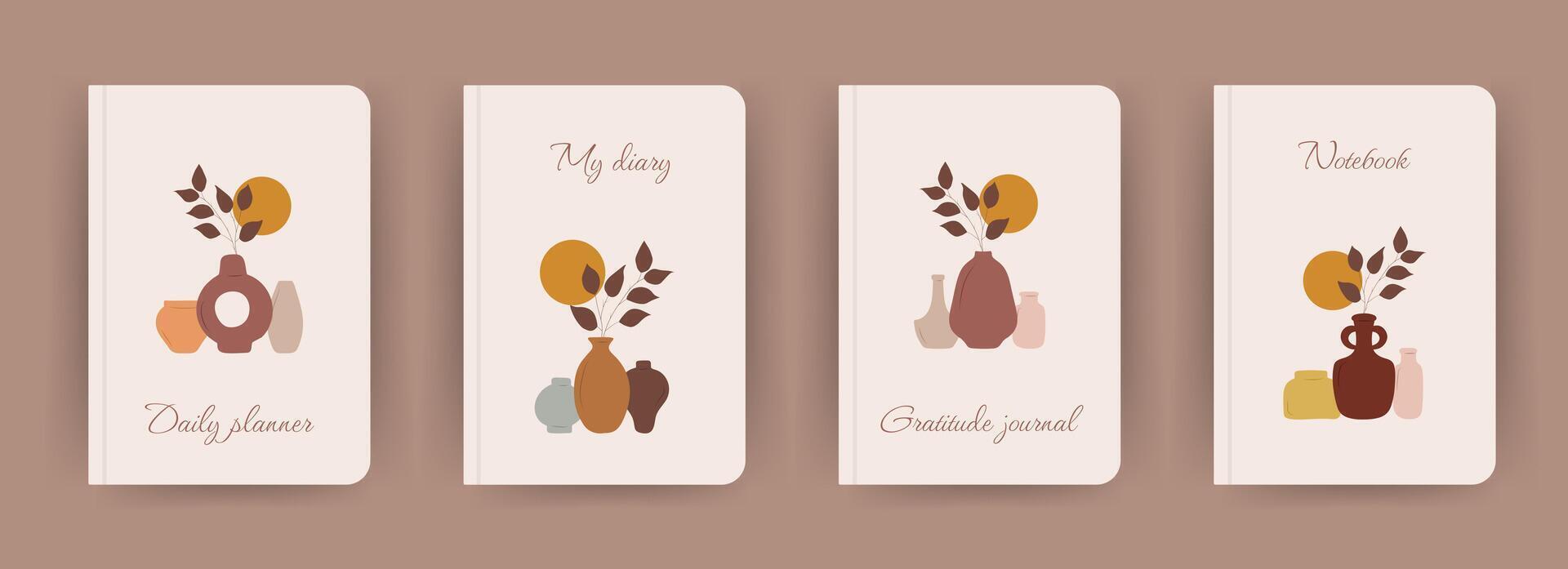 Cover page notebook collection. Templates with abstract vases in boho style. Perfect for diary, books, magazines, journals, catalogs, planners and flyers. layouts vector