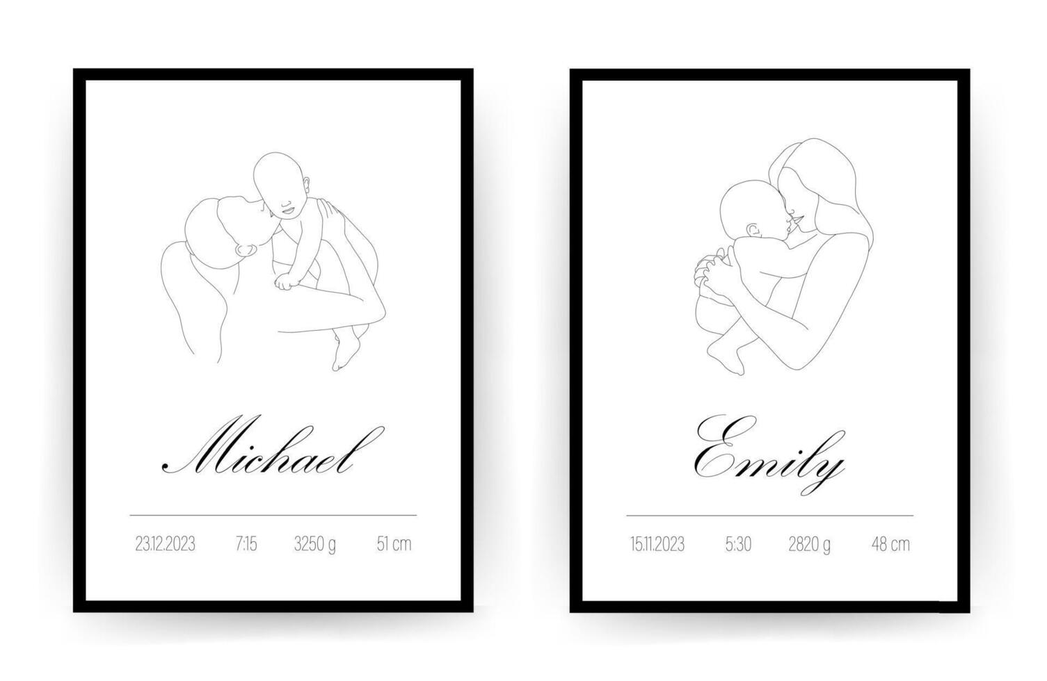 Baby Shower poster for children bedroom. Newborn metric with name, date of birth, weight and height. Linear mother hugging her child. One line art. Minimalistic illustration vector