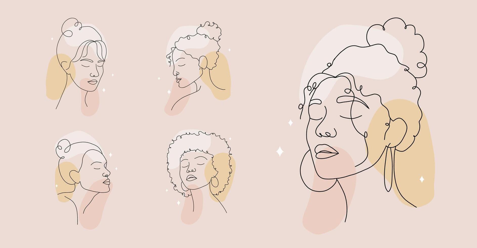 Set of posters with abstract woman faces. Minimalist female portraits on colored spots. Hand drawn female silhouettes. illustration in one line drawing style. Beauty fashion design vector
