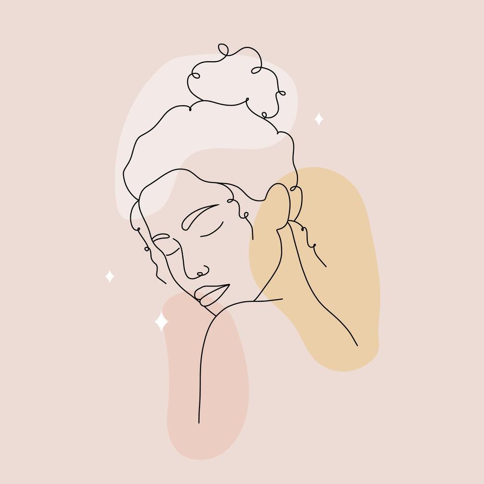 Poster with abstract woman face. Minimalist female portrait on colored spots. Female silhouette. illustration in one line drawing style. Beauty fashion design vector