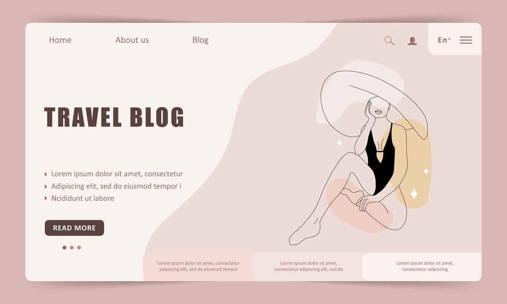 Travel blog. Landing page template. Abstract linear woman in hat. Contemporary minimalist female traveler in one line style. outline illustration vector
