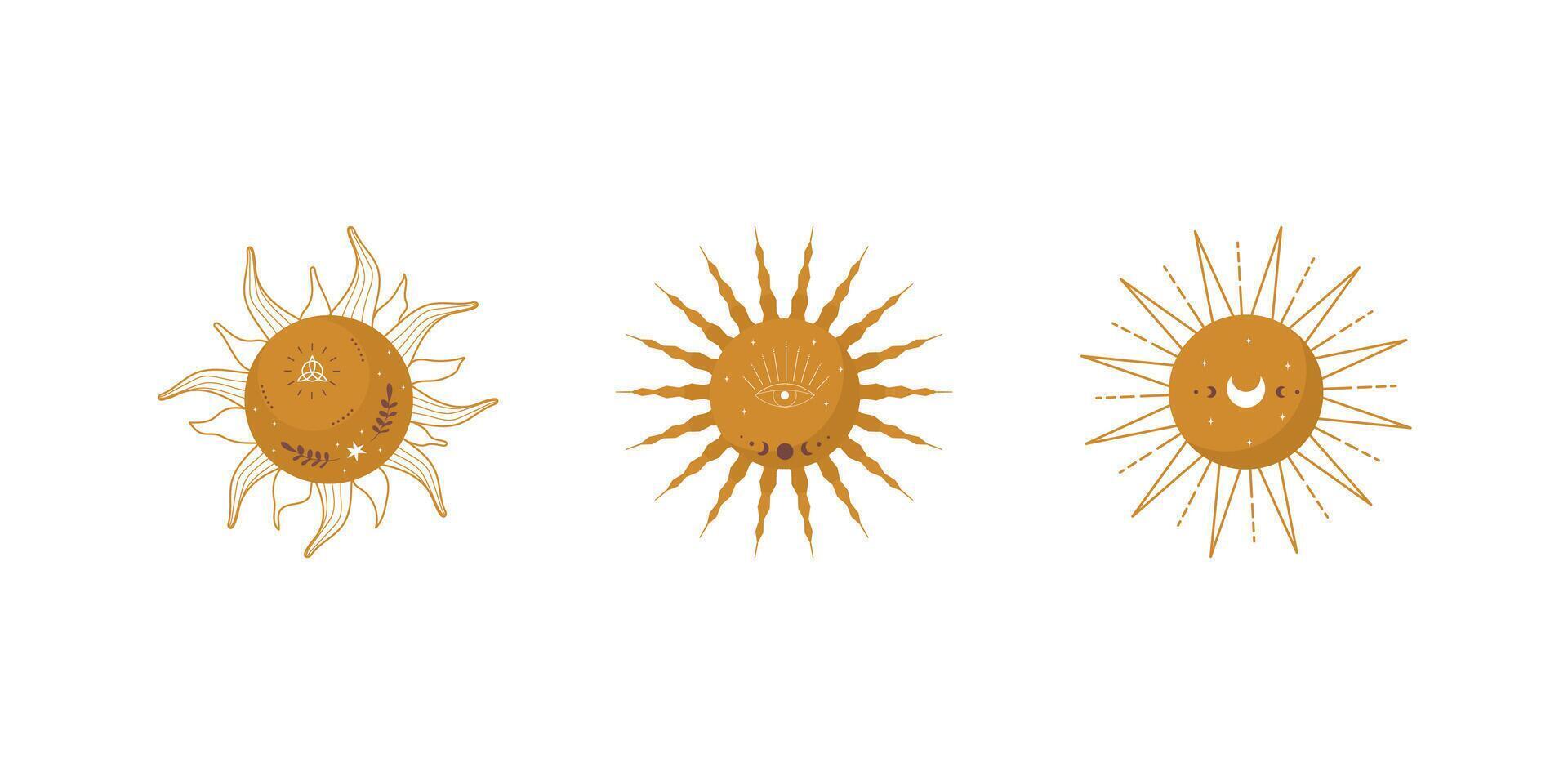 Set of abstract aesthetic suns. Scandinavian design for wallpaper and home decor. Contemporary geometric element. Modern illustration in flat style vector