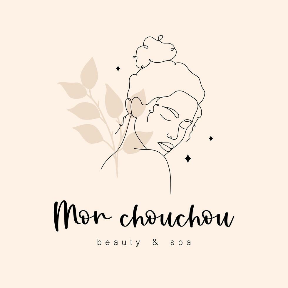 Logo design for beauty studio or spa salon. Abstract woman face with closed eyes. Hand drawn outline female silhouette. illustration in one line drawing style vector