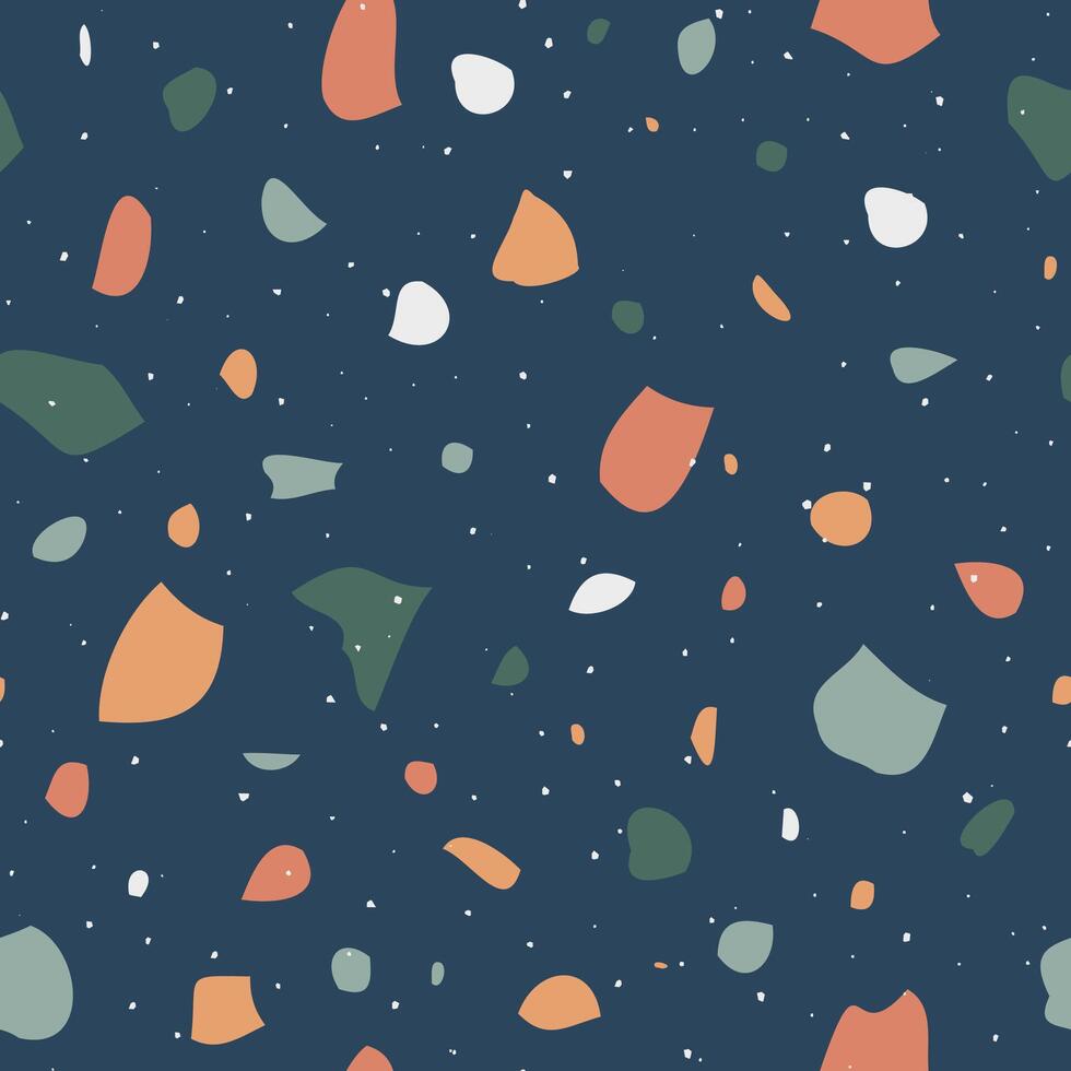 Colorful terrazzo imitation. Seamless pattern with glass, marble and natural stone. Retro illustration vector
