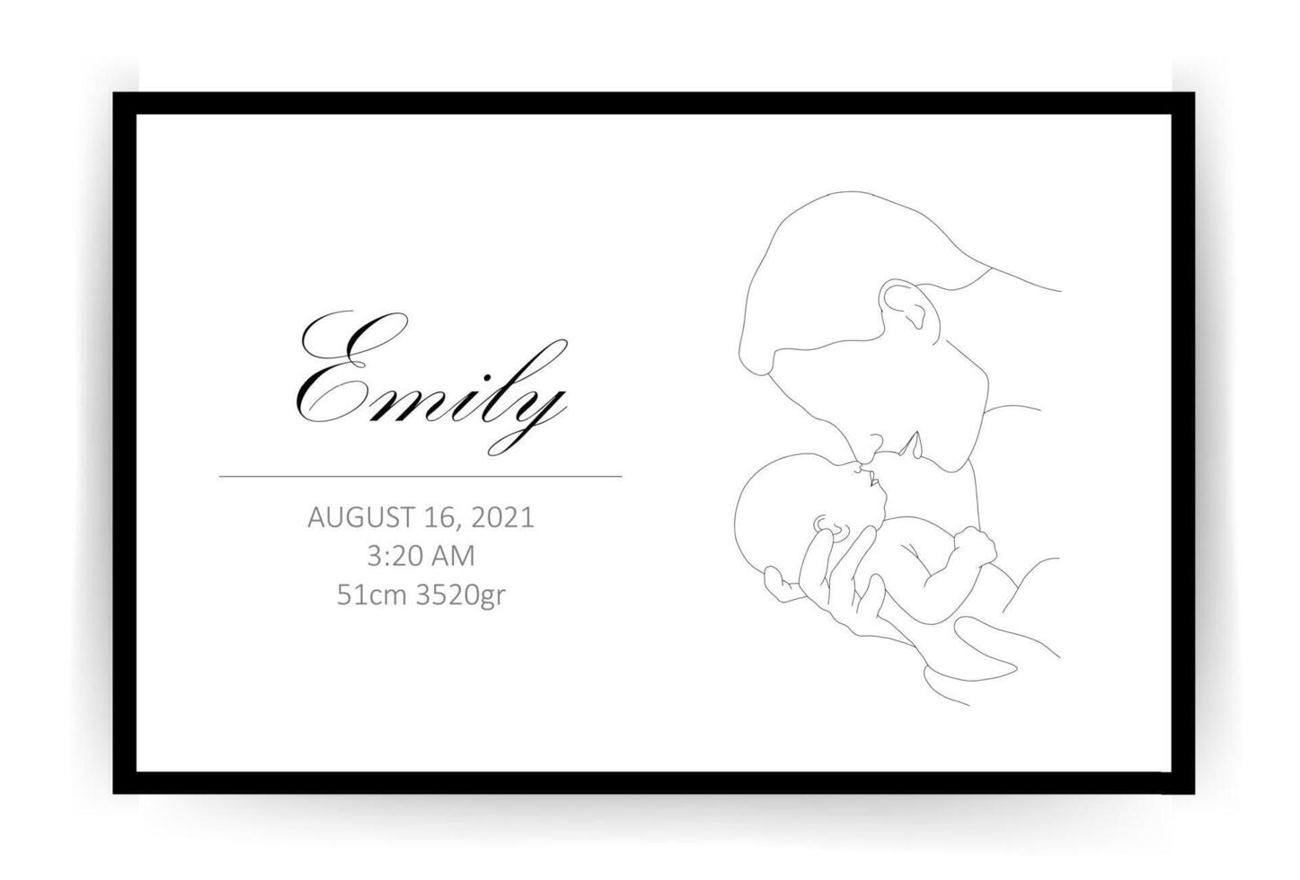 Newborn metric. Baby Shower poster with name, date of birth, weight and height. Mother and child in linear style. One line art. Minimalistic vector