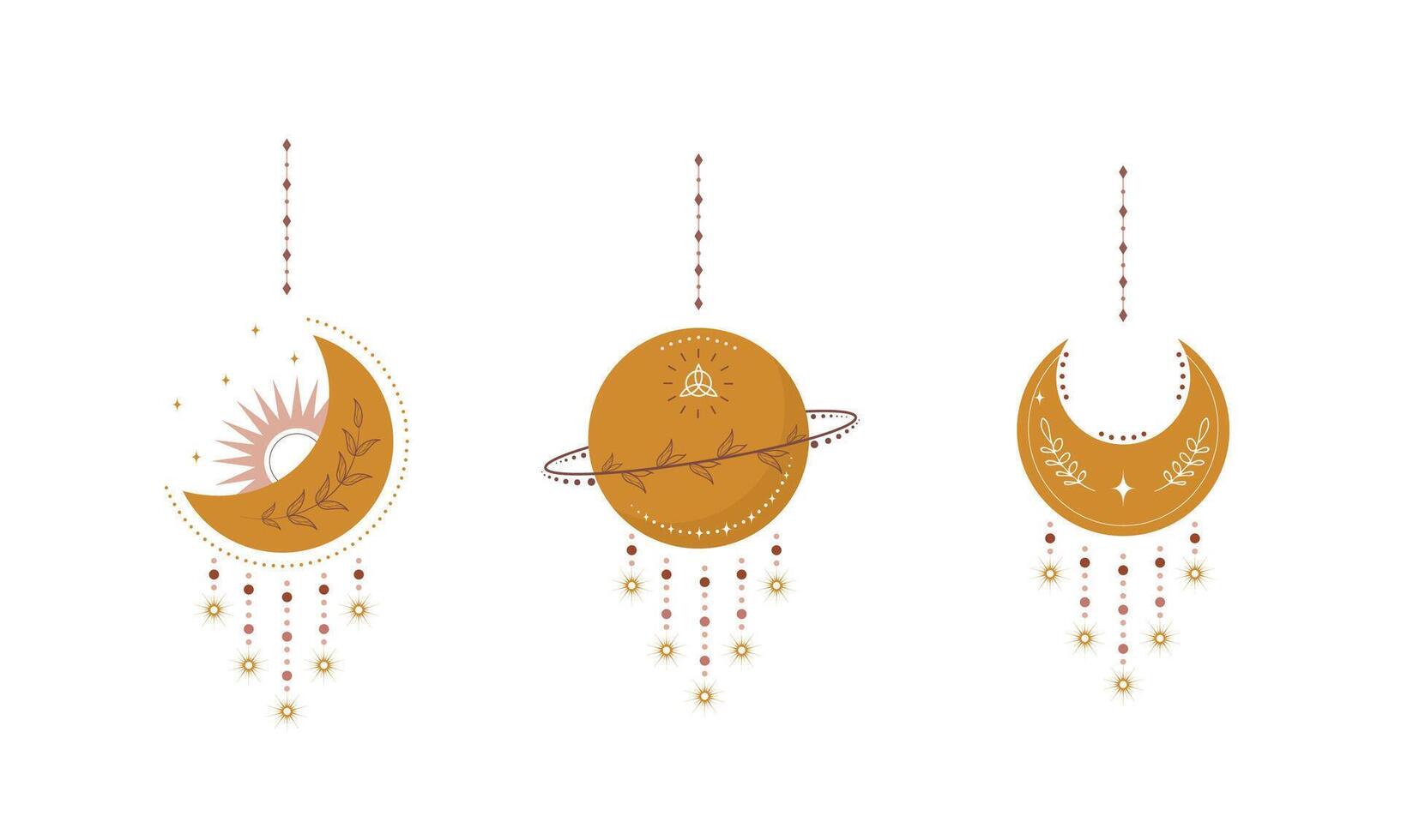 Abstract aesthetic boho planet and moons. Scandinavian design for wallpaper and home decor. Contemporary geometric element. Modern illustration in flat style vector