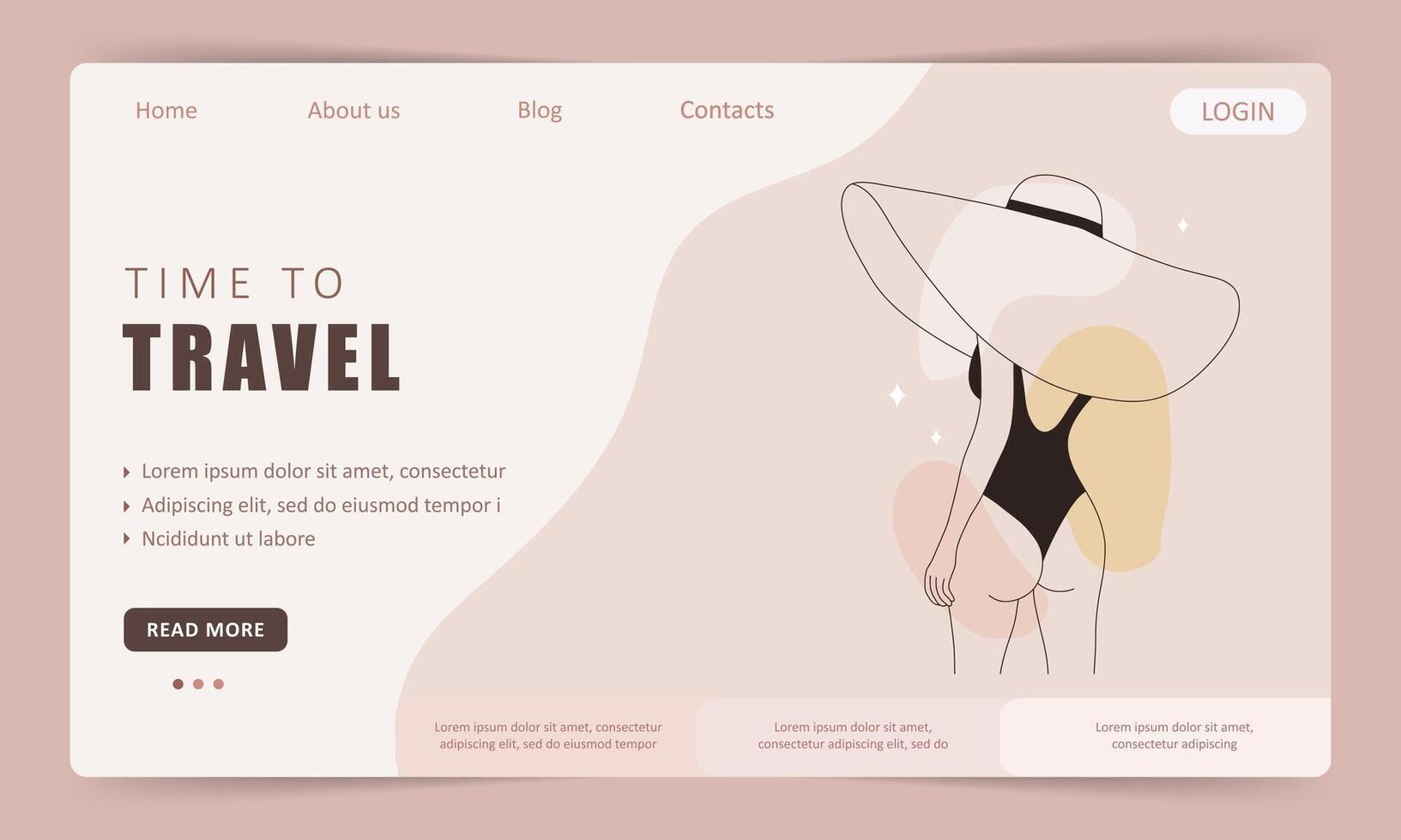 Time to travel. Landing page template. Elegant faceless lady in straw hat and black swimsuit. Graceful woman silhouette. Minimalistic hand drawn illustration vector