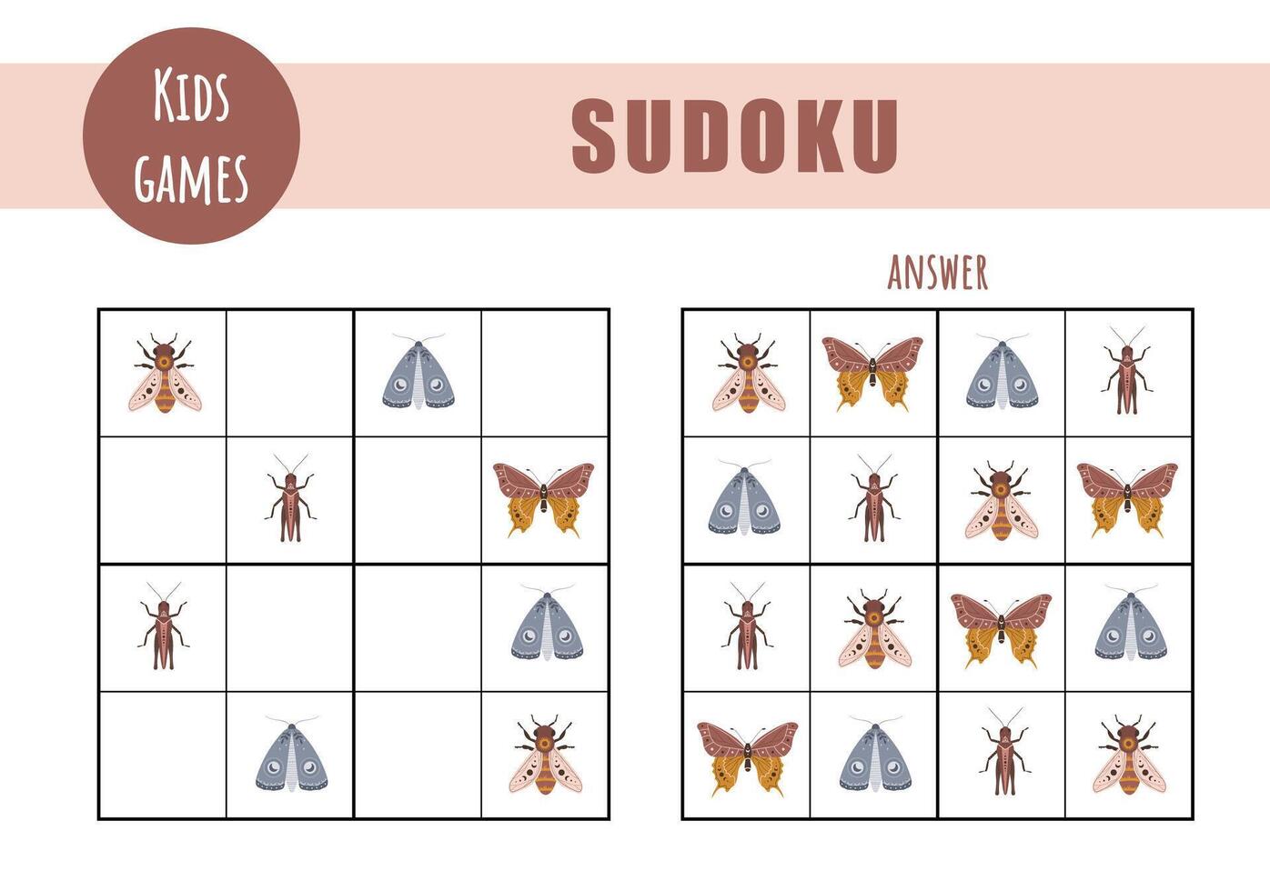 Sudoku for kids. Children activity sheet. Puzzle game with boho butterflies. Education and leisure concept. illustration in flat cartoon style vector