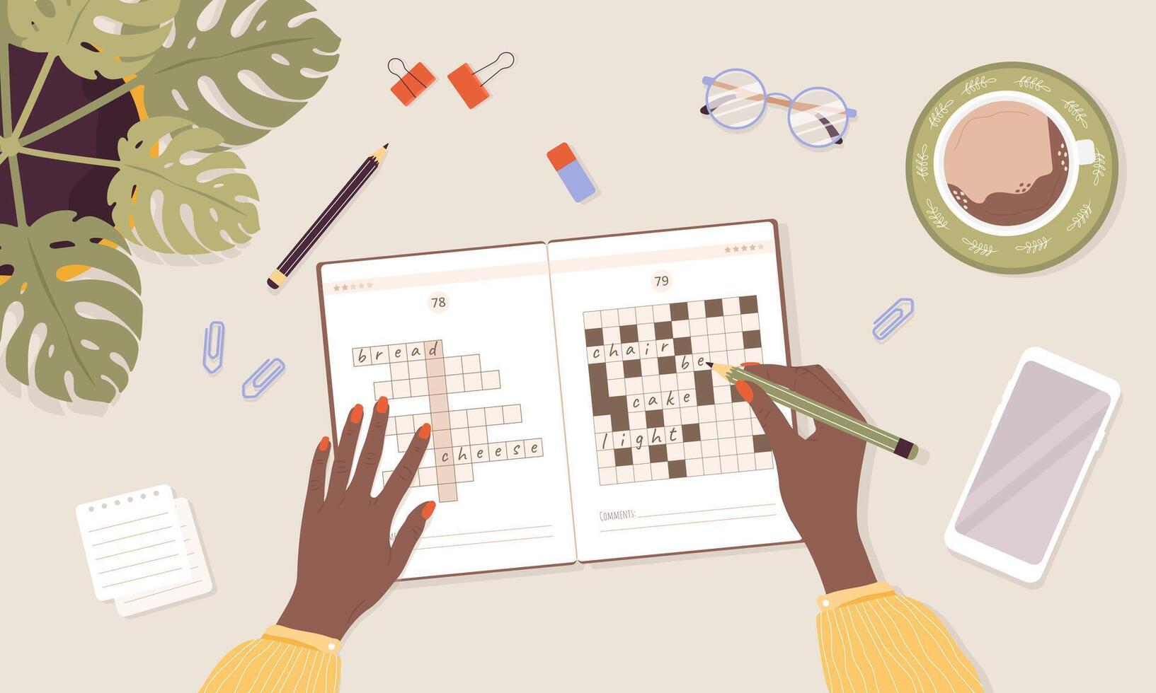 Crossword puzzle. Learning and leisure concept. African woman solves rebus. Top view workplace. Task for development of logical thinking and training brain. illustration in flat cartoon style vector
