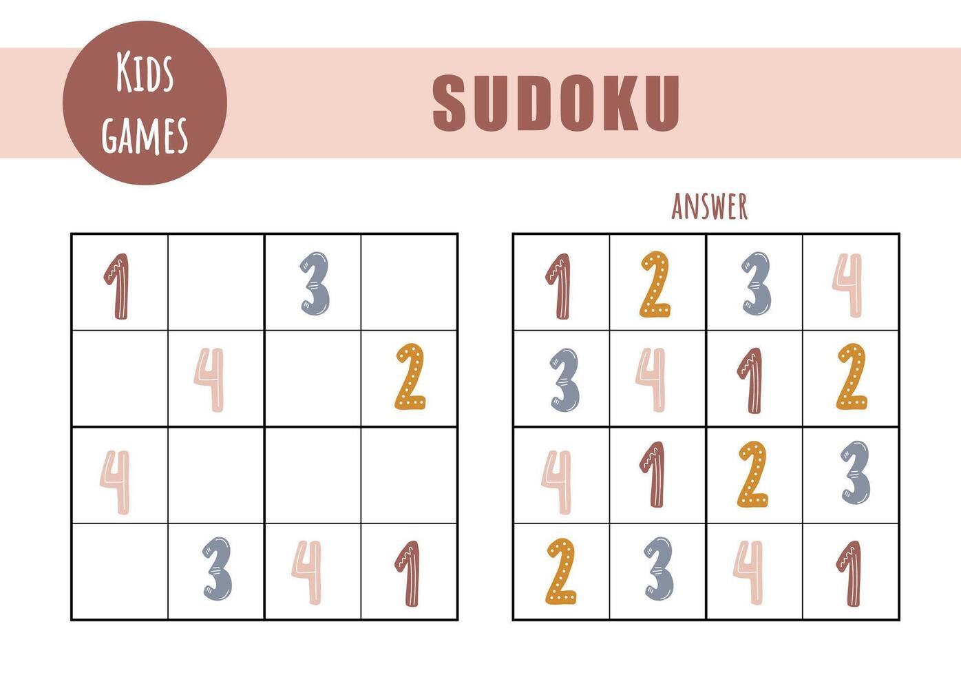 Sudoku for kids. Children activity sheet. Puzzle game with boho numbers. Education and leisure concept. illustration in flat cartoon style vector