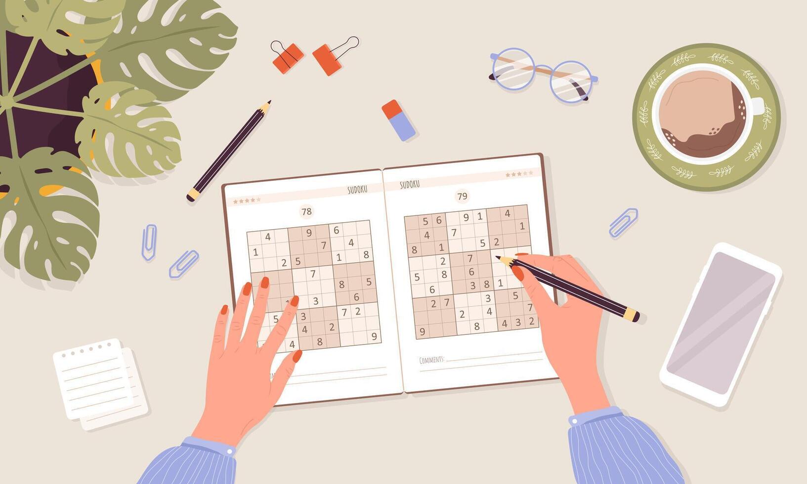 Person solving Sudoku with coffee vector