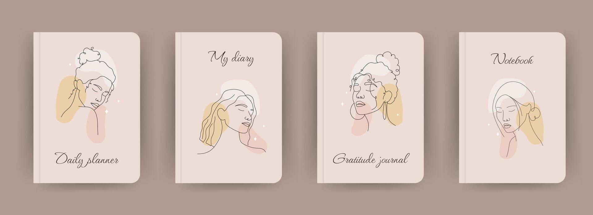 Cover page notebook collection. Templates with abstract women faces in one line style. Perfect for diary, books, magazines, journals, catalogs, planners and flyers. layouts vector