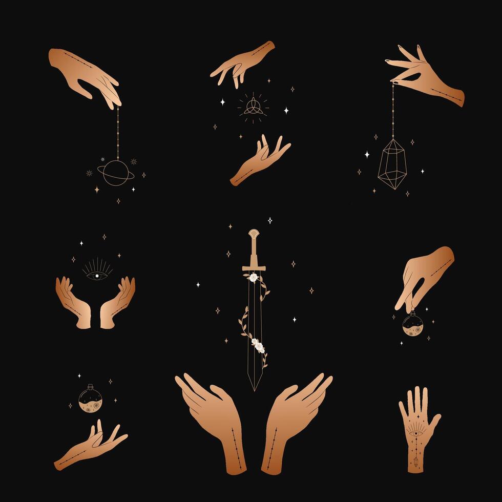 Set of female hands. Witch magic and occult collection. Different hand gestures with sword, stars and crystal. Abstract logo for tarot cards, logo, spiritual poster. vector
