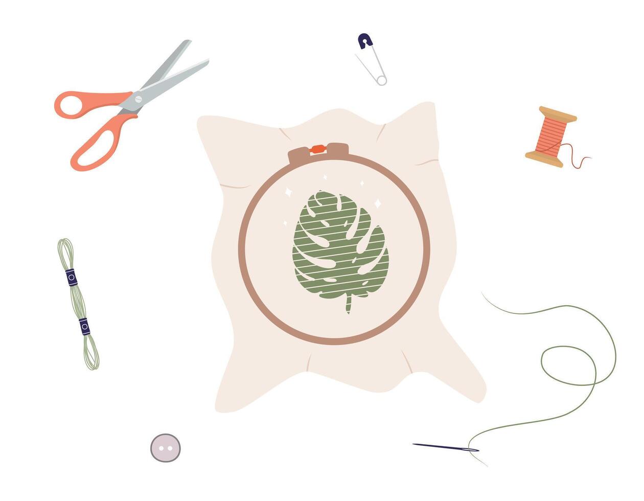 Embroidery process. Workshop, needlework, embroidery and knitting. Needle and thread. Balls of yarn. Top view of workplace. Tailor shop elements. Hand drawn illustration in flat cartoon style vector