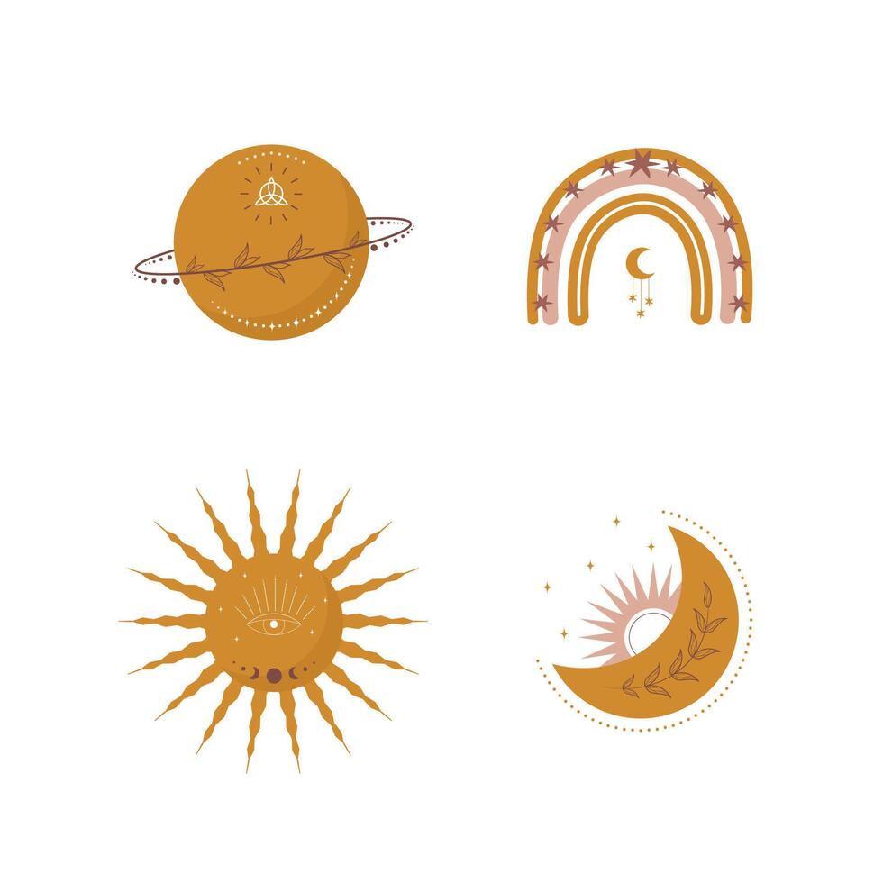 Trendy moon, rainbow and sun in boho style in yellow color. Children illustrations for poster or home decor. Doodle art element. Contemporary geometric element. Modern flat illustration vector