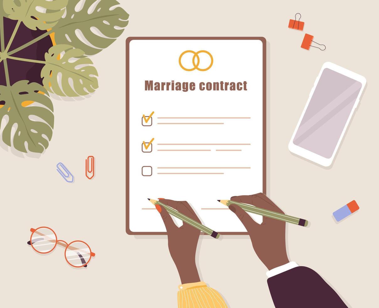 Marriage contract. Couple signs prenuptial agreement document. Prenup wedding certificate. Family divorce concept. Top-down view. flat cartoon style vector