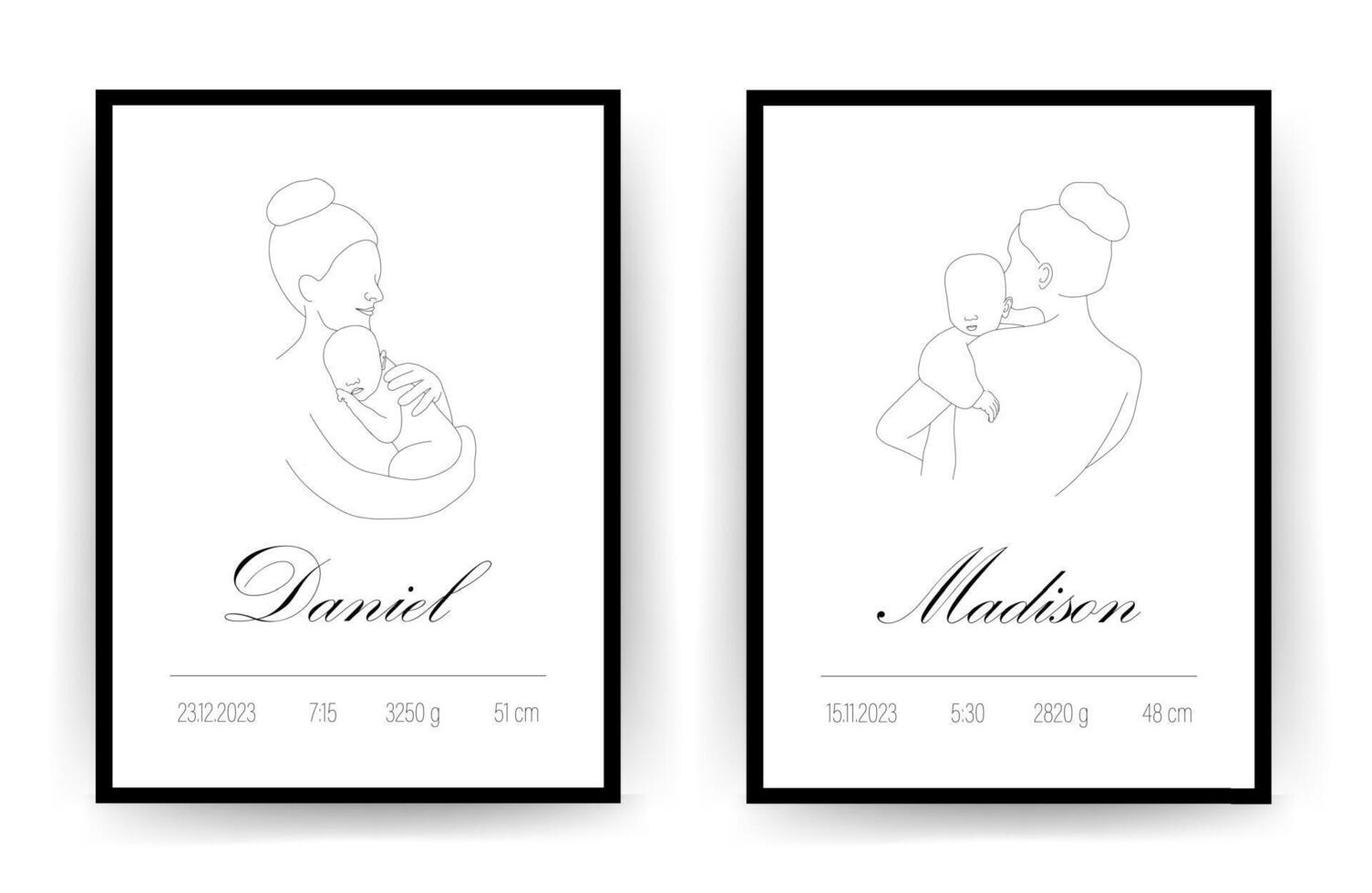 Newborn metric. Baby Shower poster with name, date of birth, weight and height. Mother and child in linear style. Minimalistic illustration vector