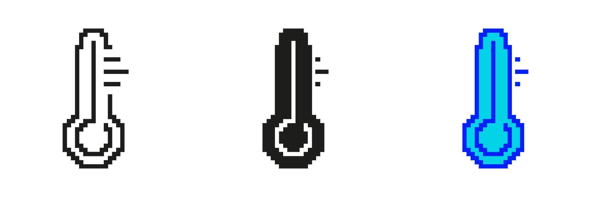 Thermometer Pixelated Icon Set. Pixel Art Symbol of Temperature Measurement. Sign for Heat, Cold, Climate Monitoring. Isolated Illustration vector