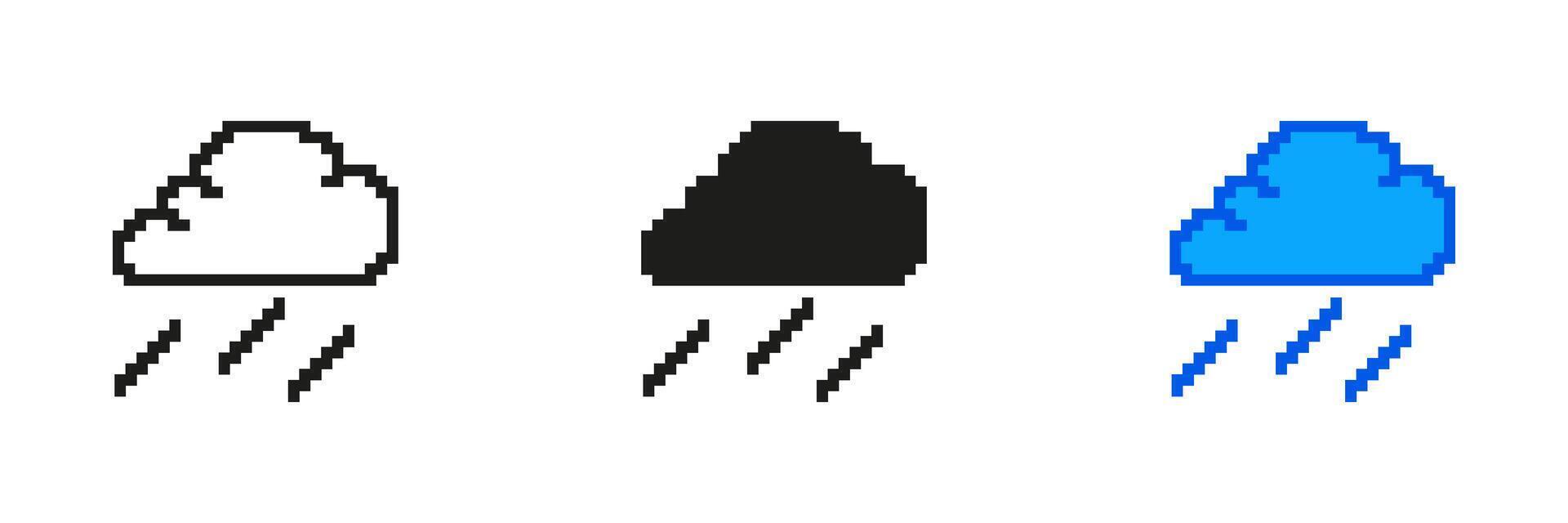 Rain Cloud Pixelated Icon Set. Pixel Art Symbol of Rainy Weather. Precipitation and Wet Weather Icon. Isolated Illustration vector