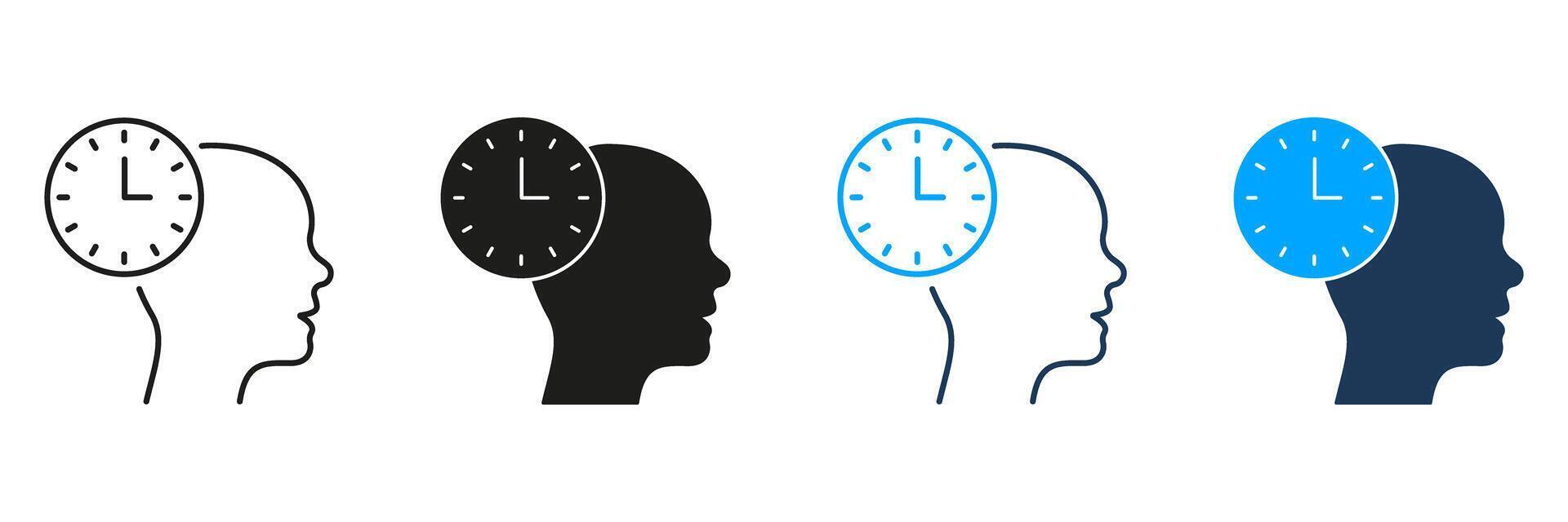 Silhouette Head With Clock Line And Solid Icon Set. Time Management, Mental Scheduling, And Cognitive Planning Symbol Collection. Productivity And Efficiency Concept. Isolated Illustration vector
