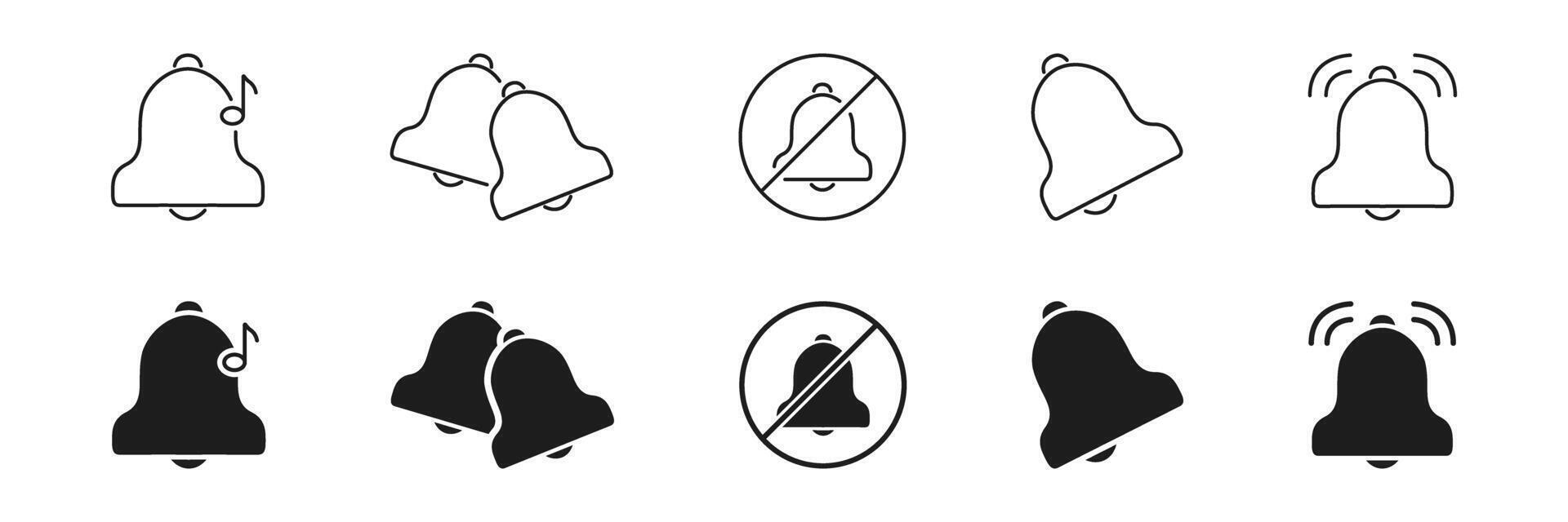 Notification Bell Icon Set. Alert, Mute, And Sound Indication Outline And Silhouette Symbol Collection. Includes Ringing, Silent, And Paired Bell Variations. Isolated Illustration vector