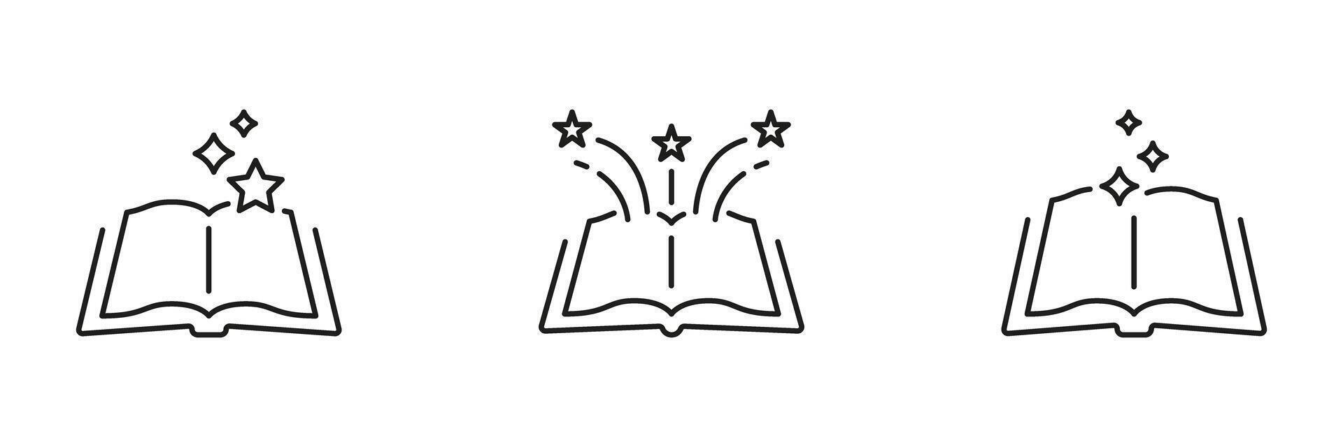 Open Book With Stars And Sparkles Line Icon Set. Imagination, Creativity, And Knowledge Discovery Outline Symbol Collection. Educational Inspiration. Editable Stroke. Isolated Illustration vector