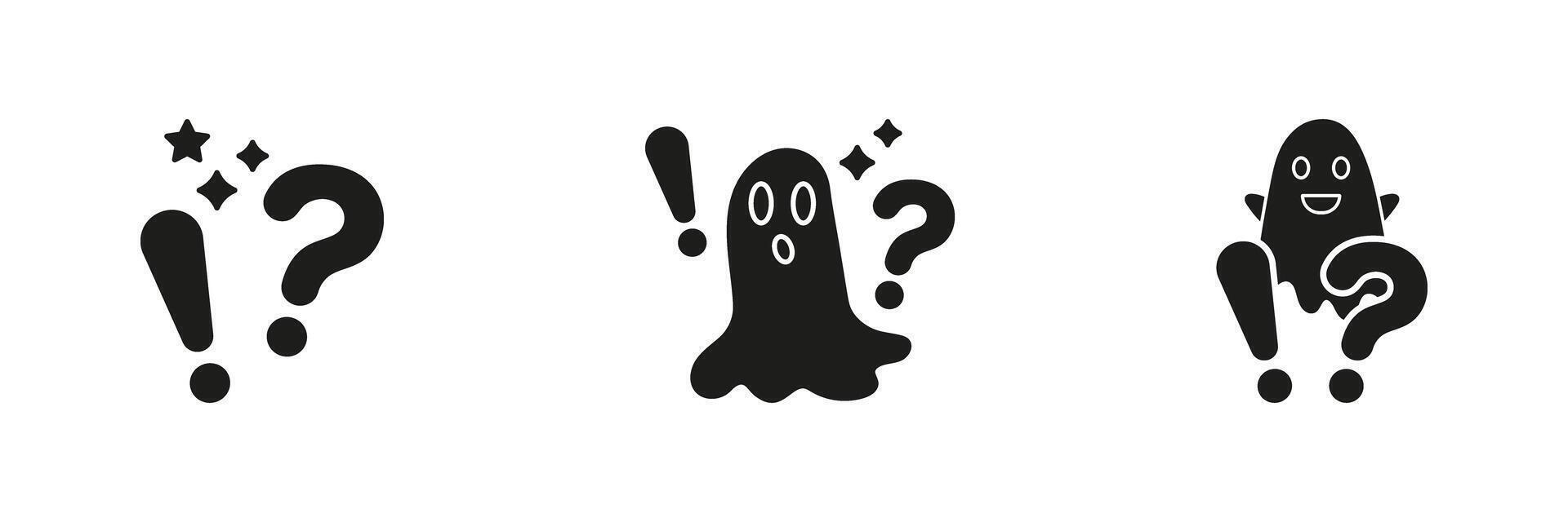 Ghosts With Exclamation And Question Marks Solid Icon Set. Surprise, Curiosity, Mystery Silhouette Symbol Collection. Expressive Communication And Emotion Icons. Isolated Illustration vector