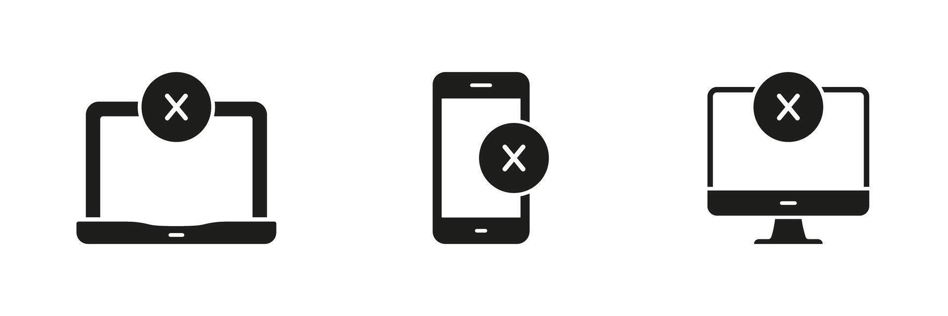 Device Error, Connectivity Issues, System Failure Silhouette Icon Collection. Laptop, Smartphone, Desktop With Error Symbol Solid Symbol Set. Technology Troubleshooting. Isolated Illustration vector