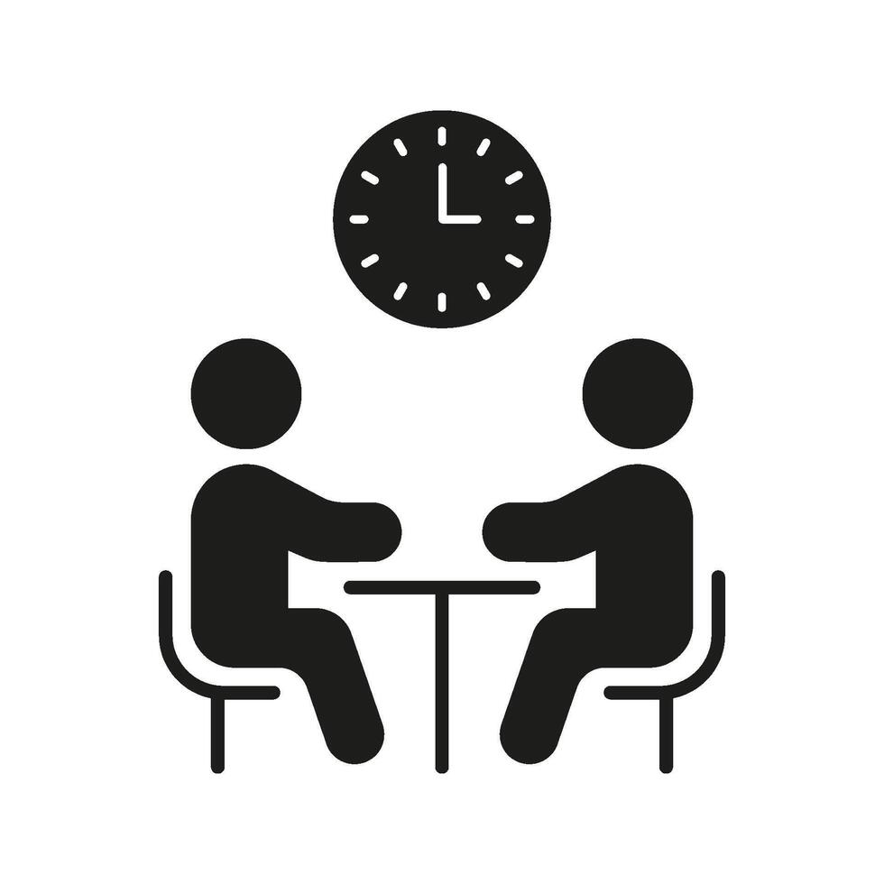 Two People Meeting With Clock Solid Icon. Business Meeting, Appointment Scheduling, And Time Management Silhouette Symbol. Professional Interaction. Isolated Illustration vector