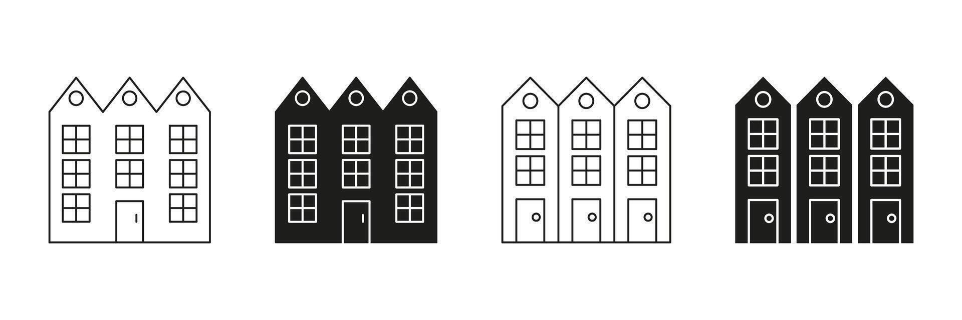 Row Of Townhouses Line And Solid Icon Set. Urban Housing, Real Estate, And Residential Architecture Symbol Collection. Modern City Living And Property Development. Isolated Illustration vector