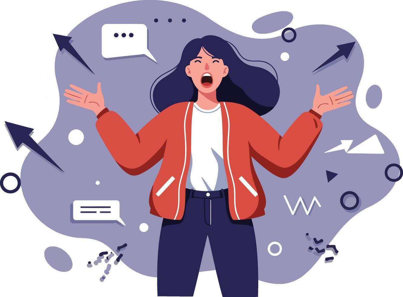 Stressed woman overwhelmed by multiple directions and choices in abstract chaotic background vector