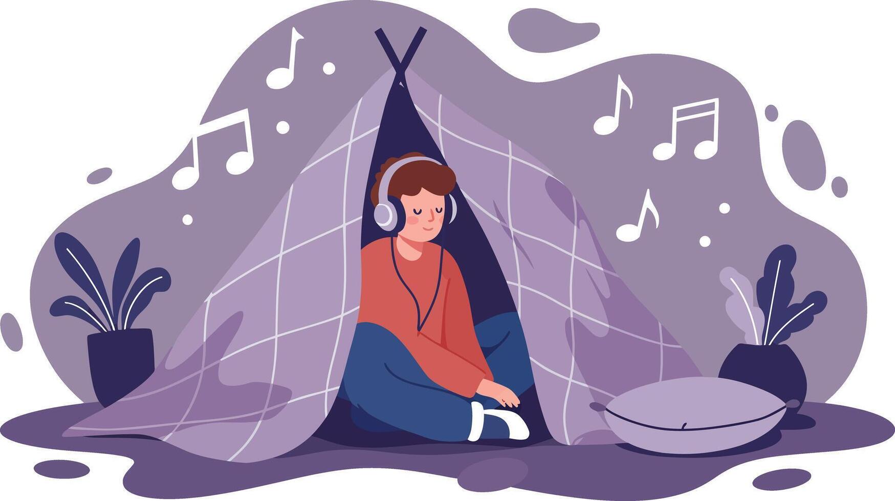 Young person relaxing in indoor tent listening to music with headphones and cozy atmosphere in purple tones vector