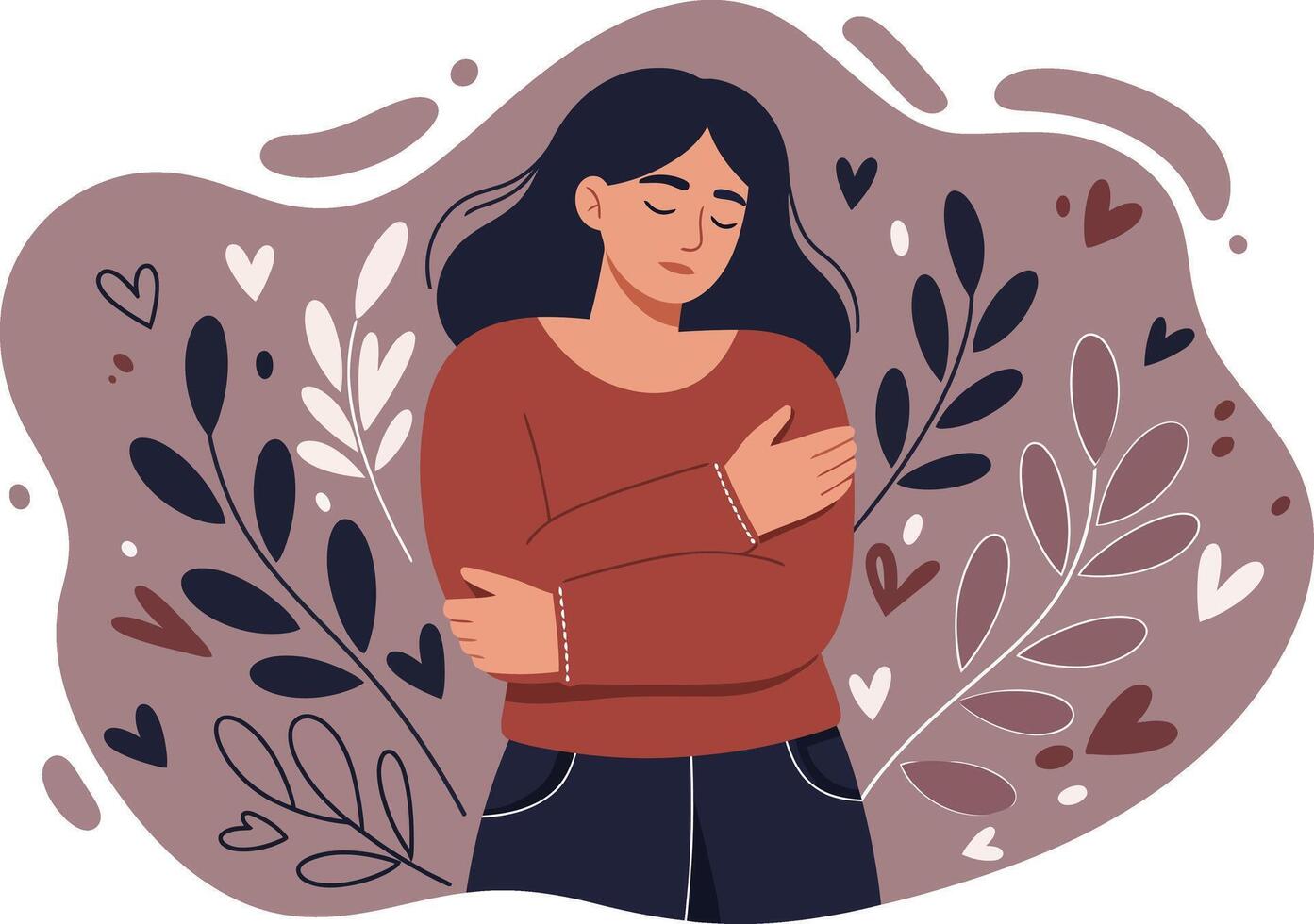 Woman hugging herself in cozy brown sweater with floral background expressing self-love and inner peace vector